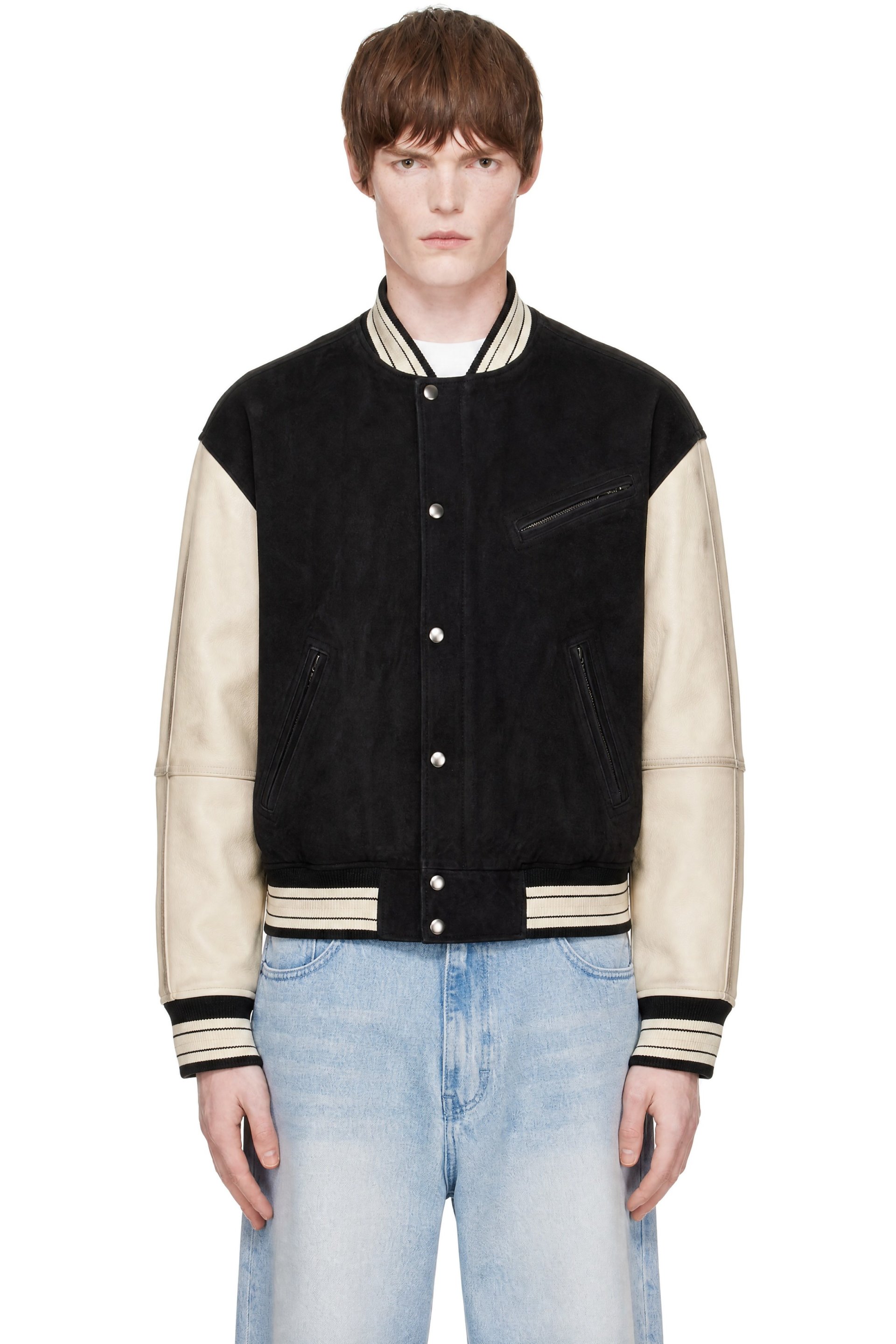 COOR - Black & Off-White Mixed Leather Varsity Jacket