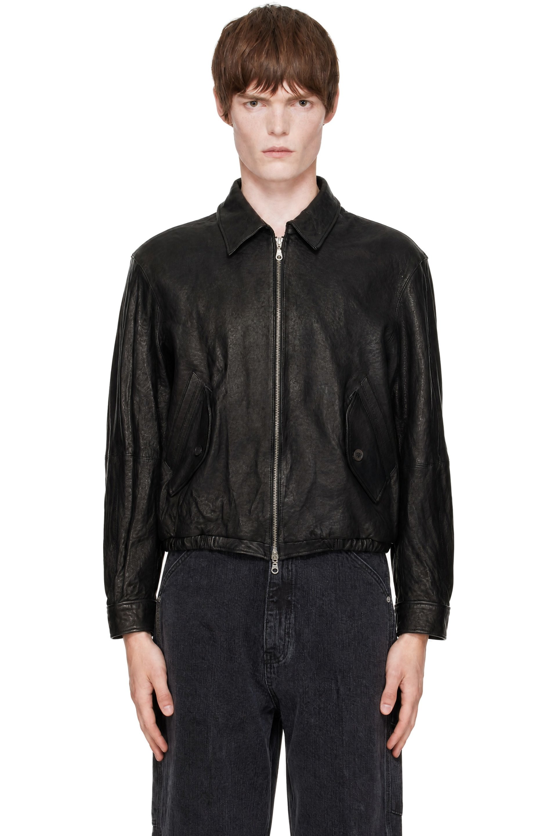 COOR - Black Vegetable Swingtop Pleated Wash Leather Jacket