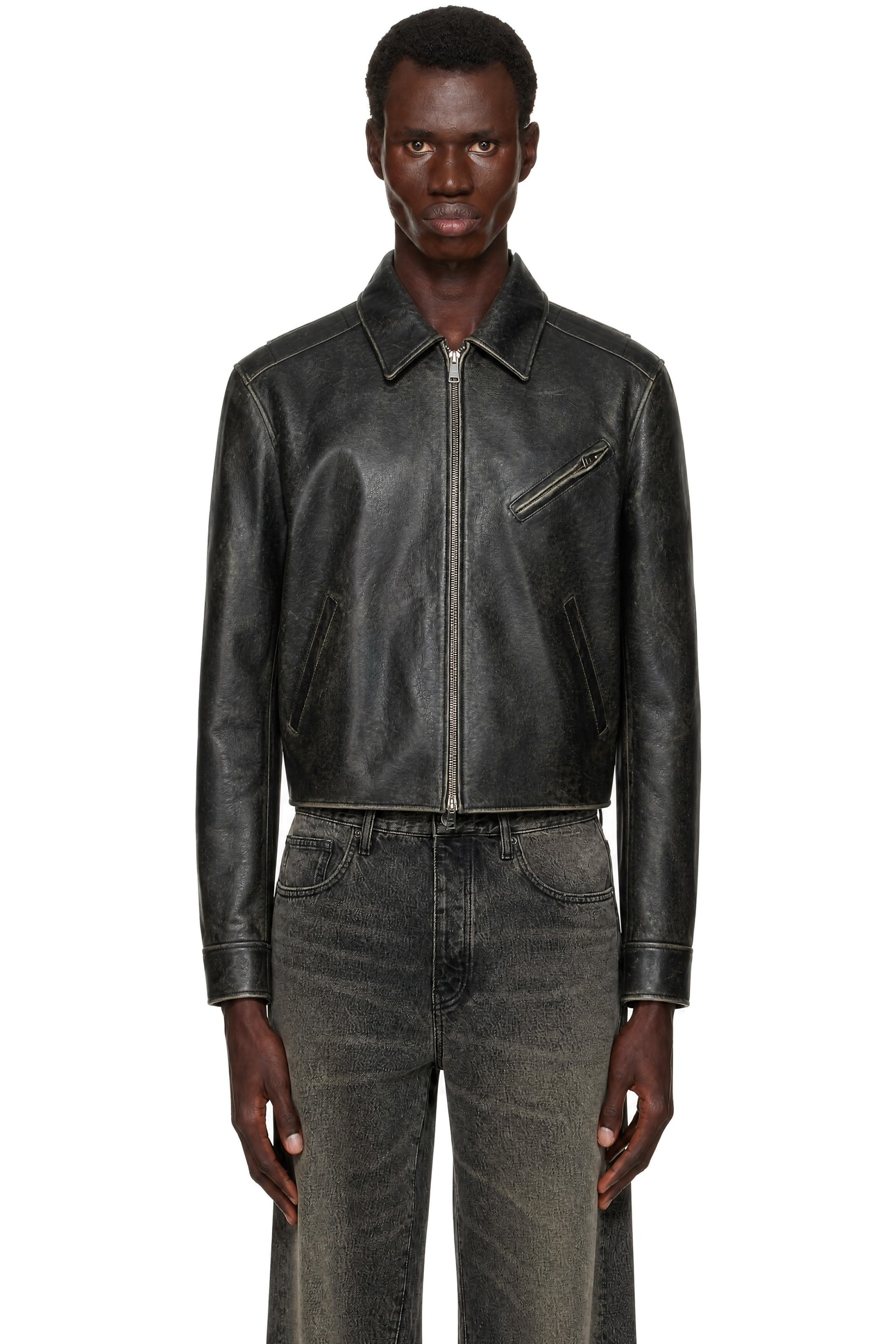 COOR - Black Cow Washed Leather Biker Jacket