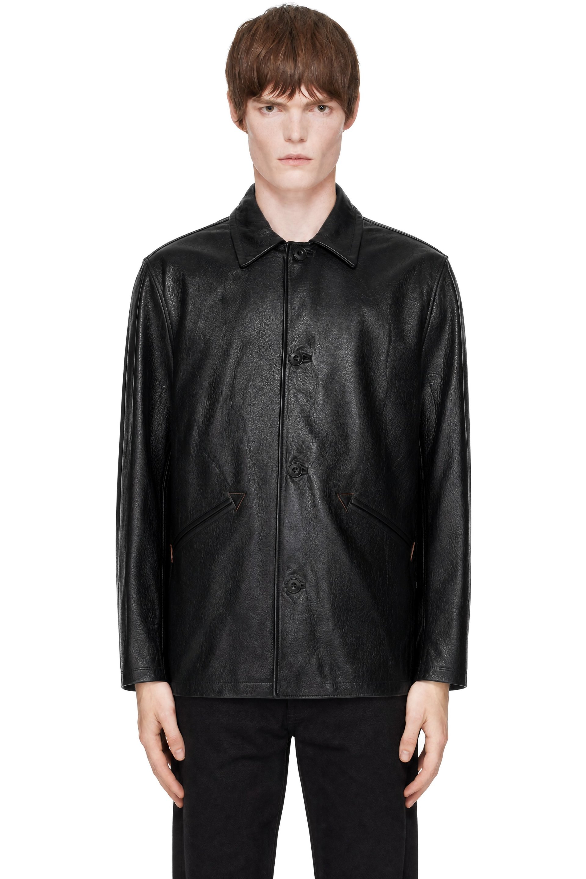 COOR - Black Chevron Stitched Cow Leather Car Coat
