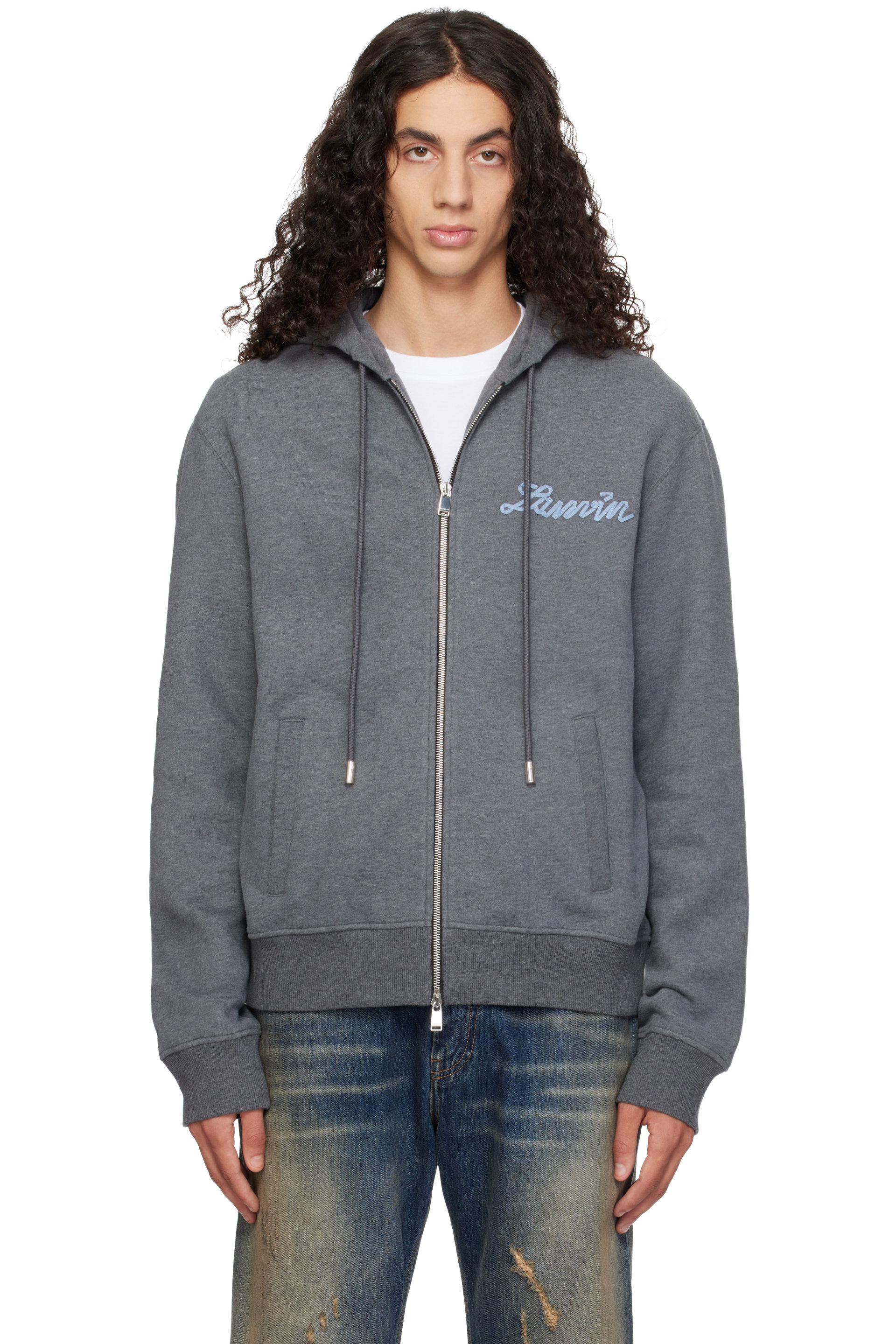 Lanvin - Gray 'Lanvin' Ribbon Zip-Up Hoodie