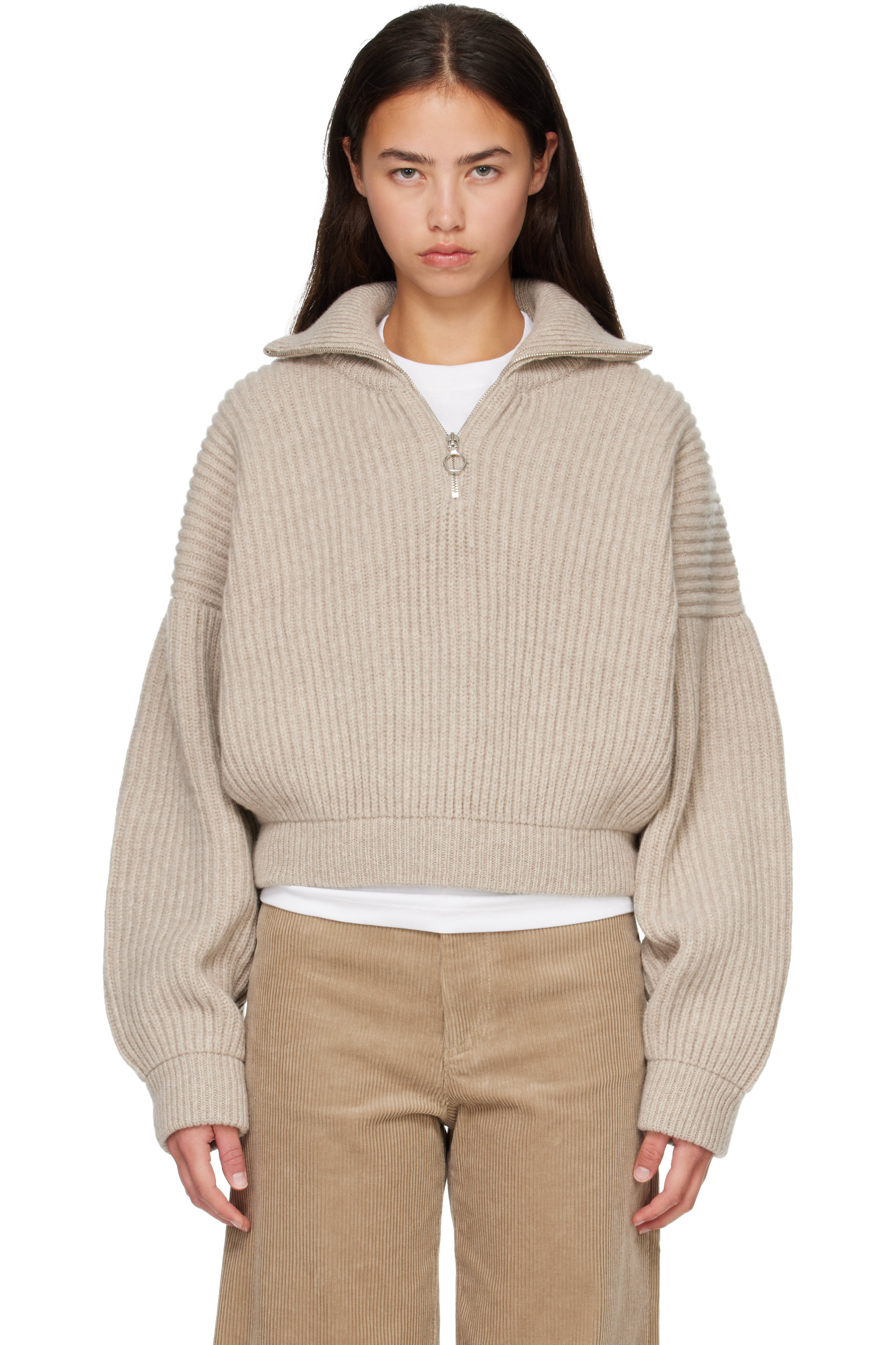 &Daughter - Beige Rowan Rib Half Zip Sweater