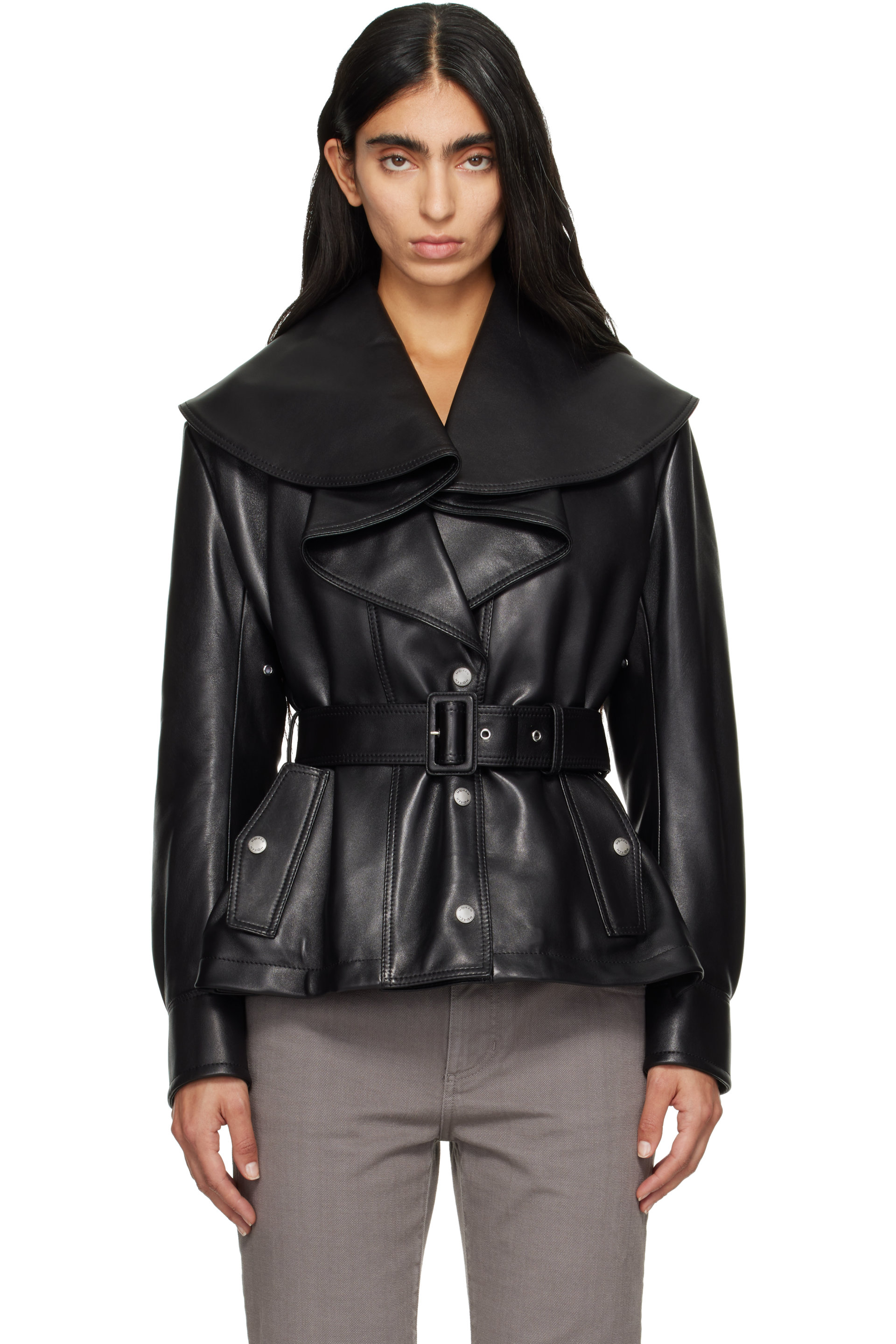 McQueen - Black Draped Collar Leather Jacket