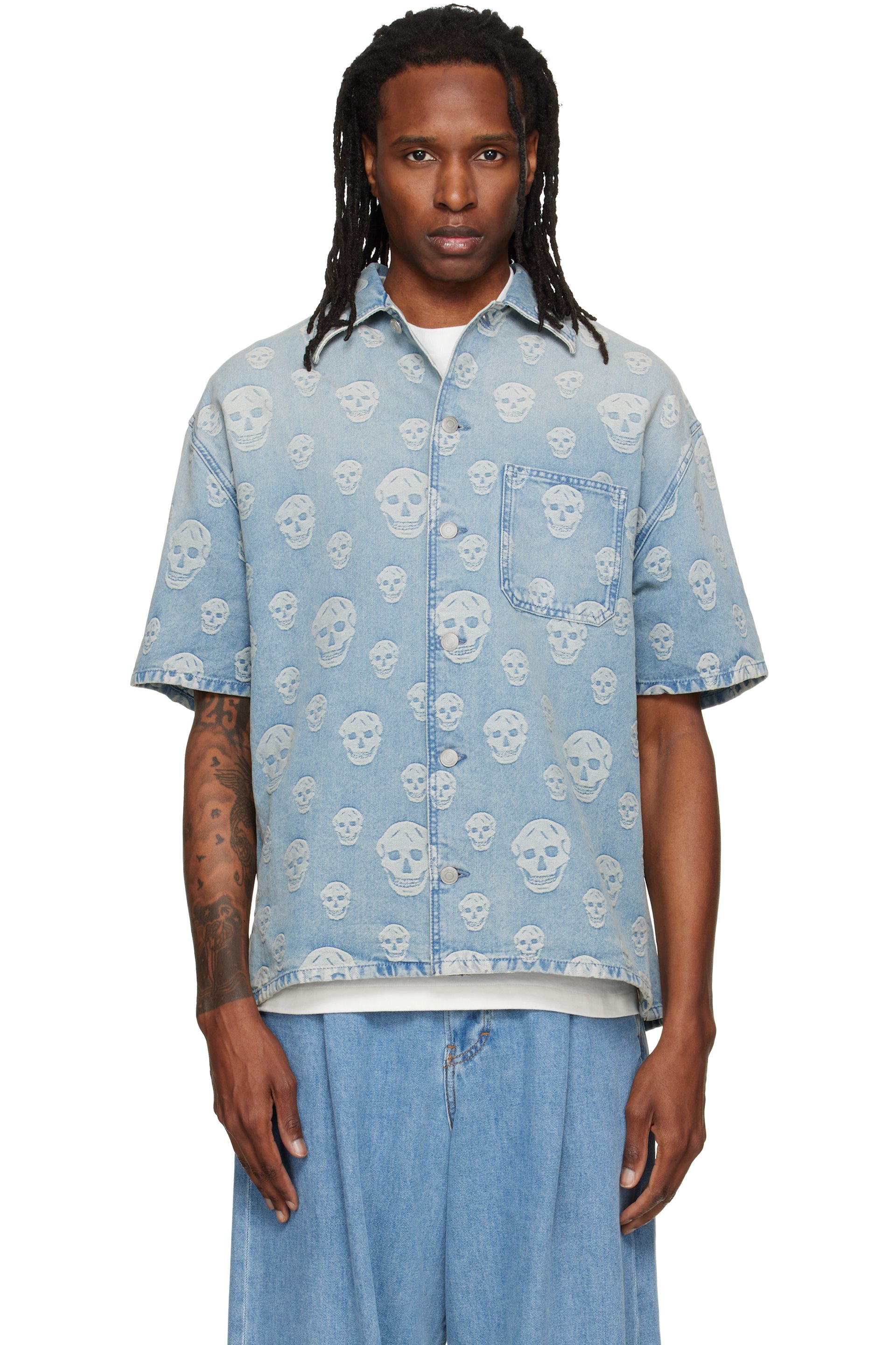 McQueen - Blue Skull Jacquard Denim Shirt