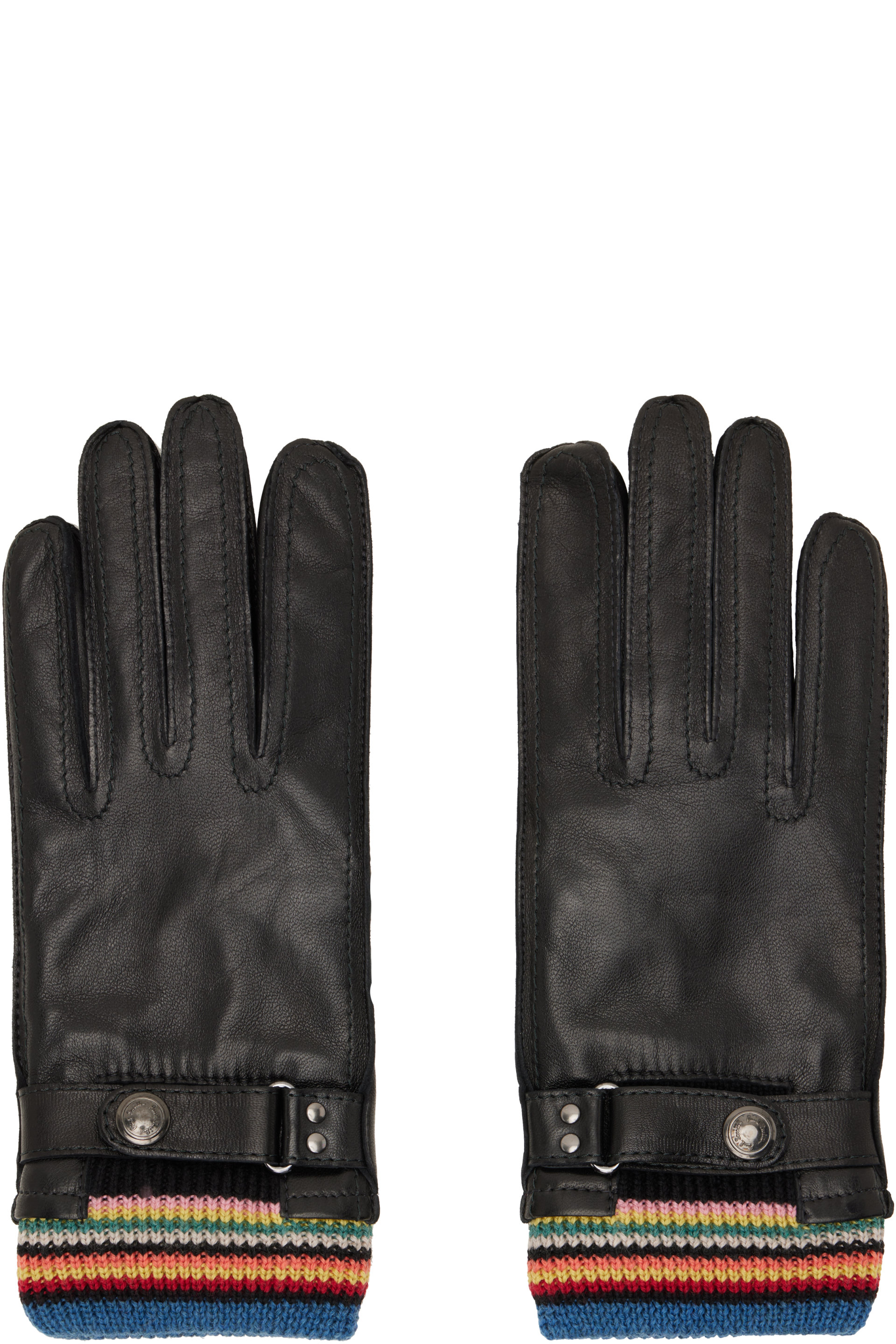 Paul Smith - Gants noirs en cuir à revers à rayures emblématiques