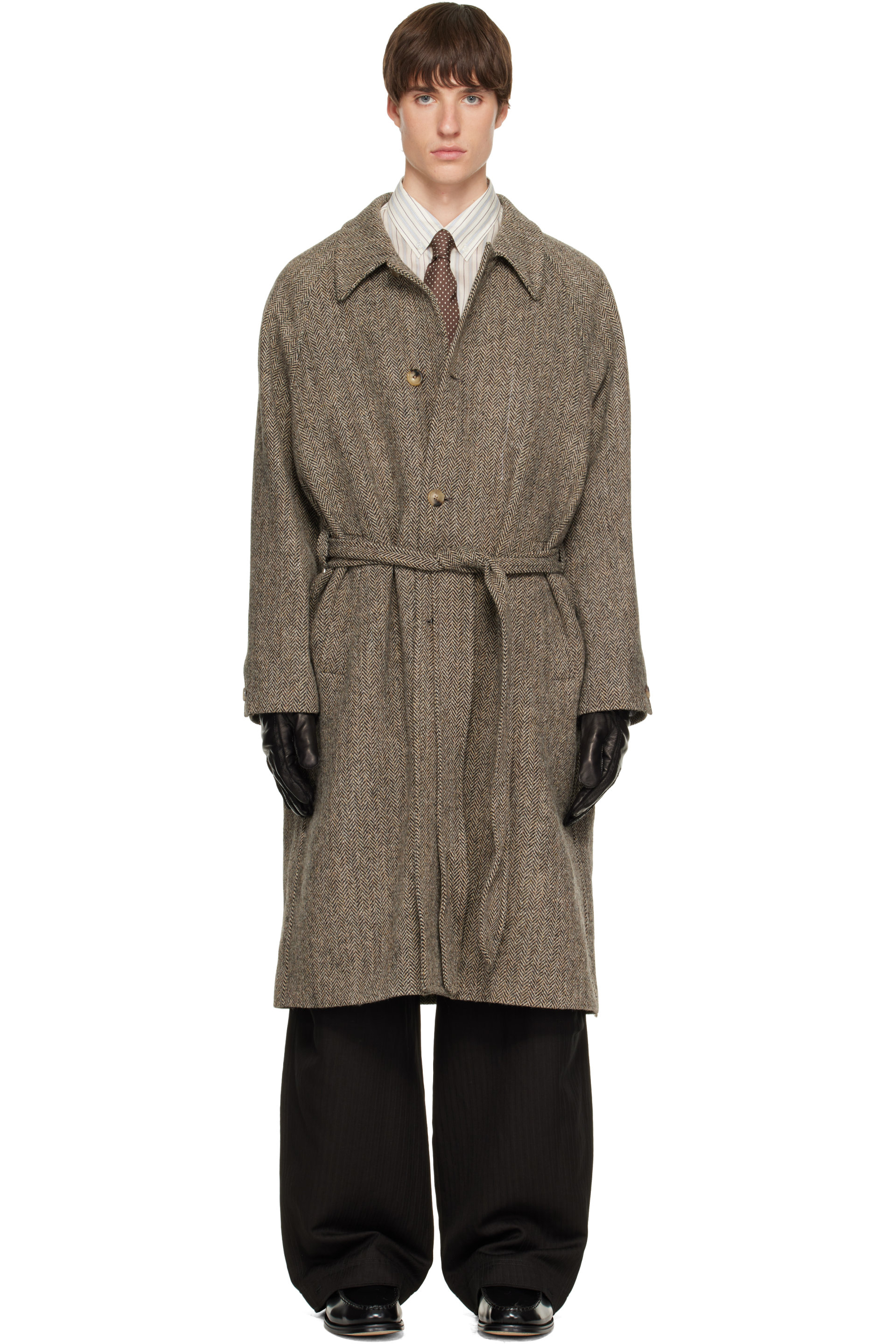 Paul Smith - Brown Harris Tweed Herringbone Belted Coat