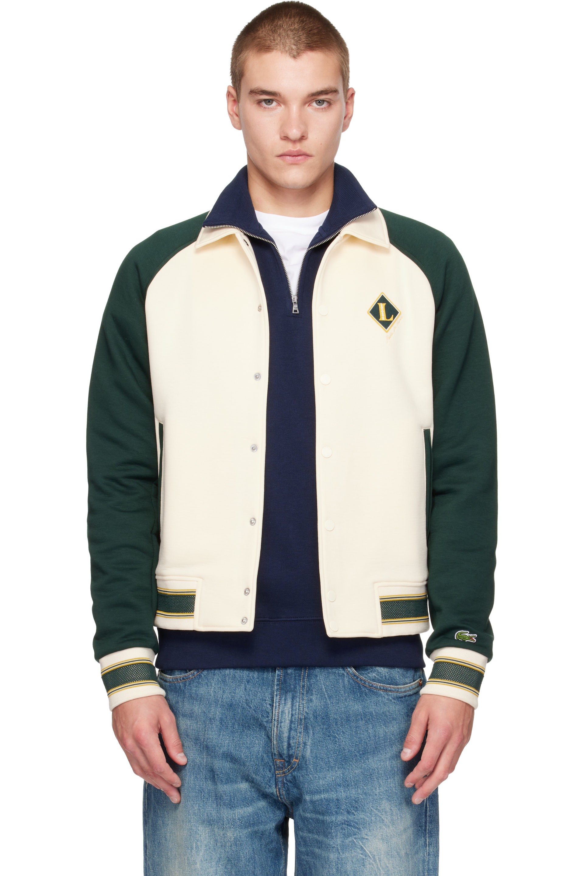Lacoste - 灰白色 & 绿色 French Made Varsity Badge 棒球夹克
