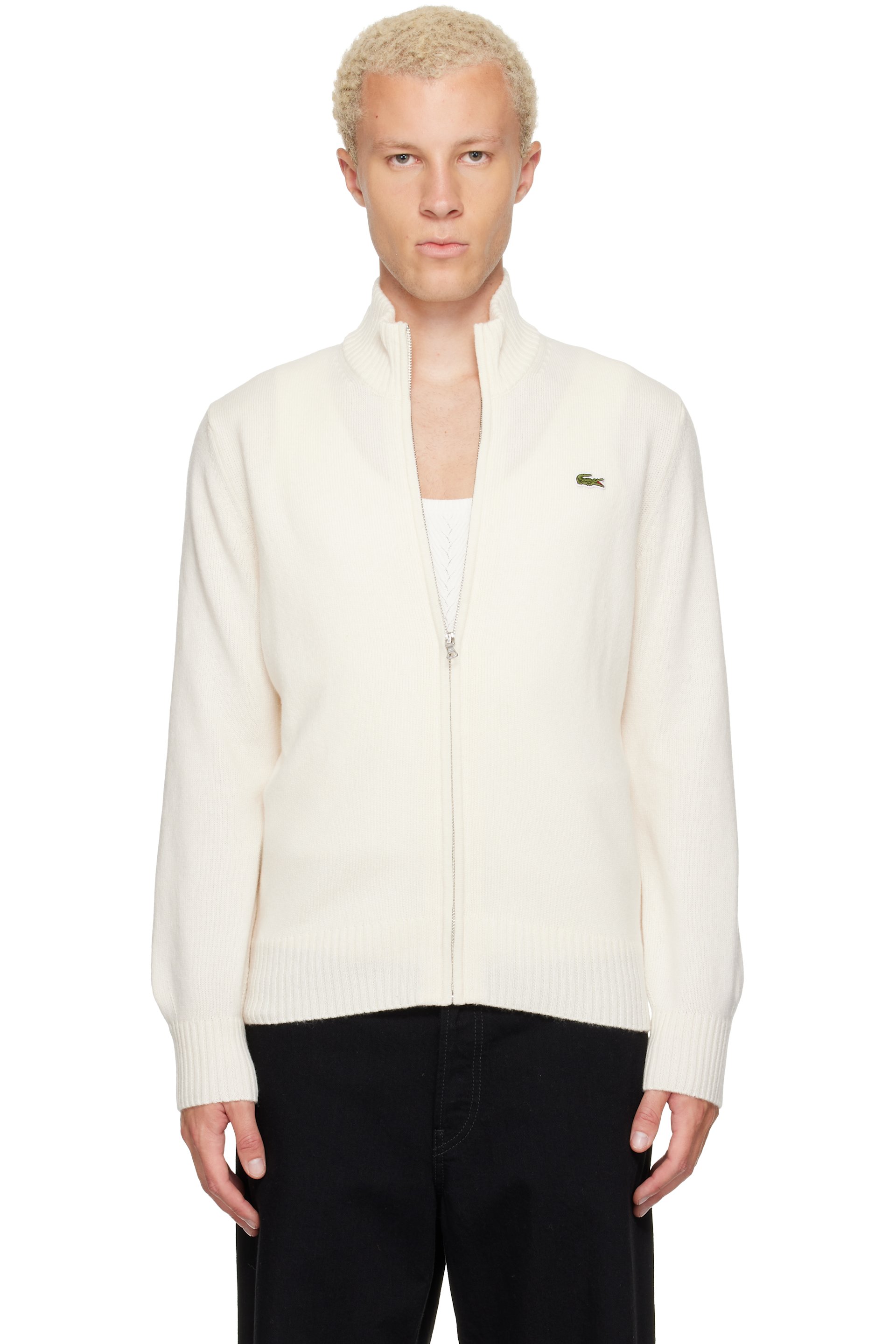 Lacoste - Off-White Wool Zip-Up Sweater