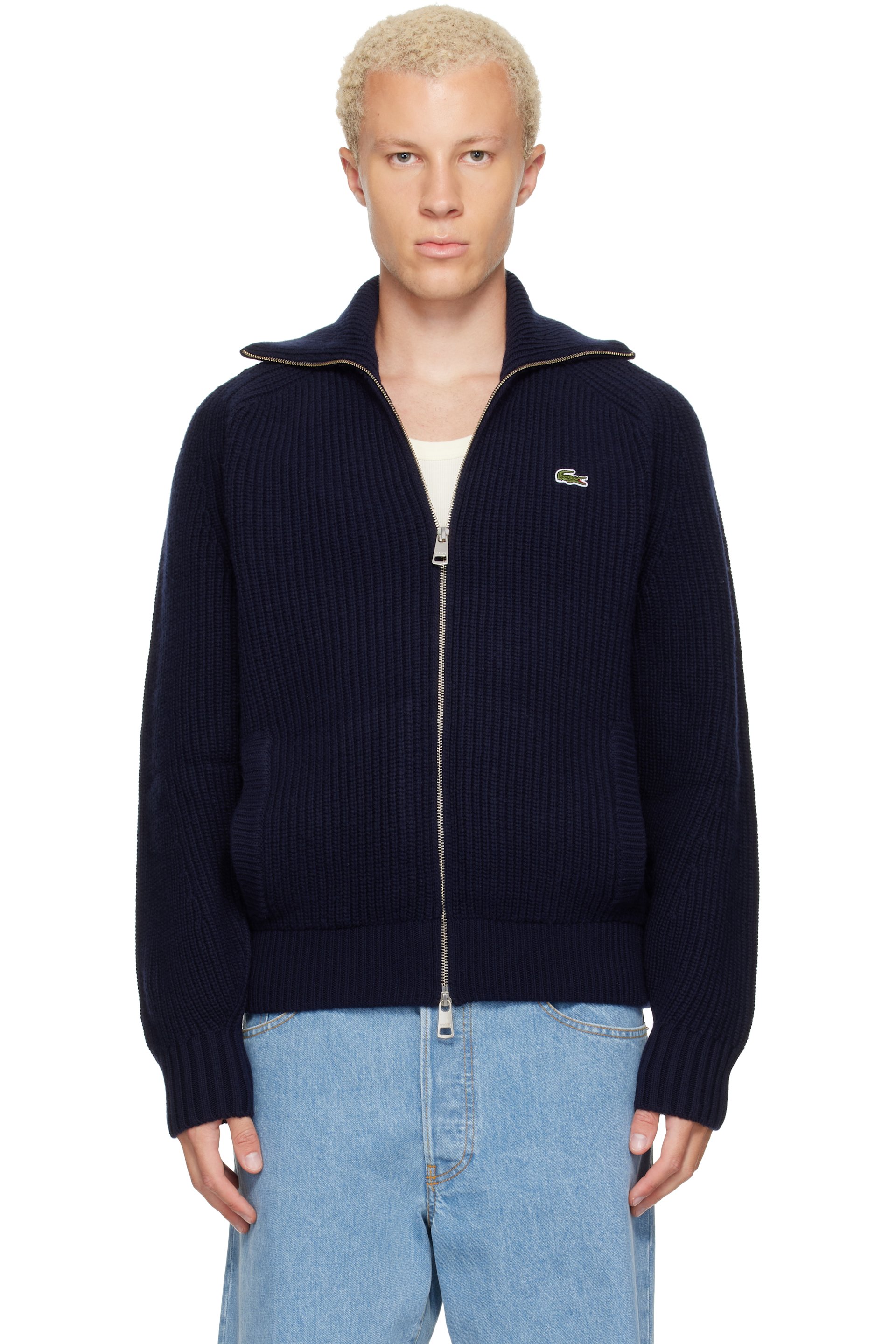Lacoste - Navy Wool High Neck Zipped Sweater