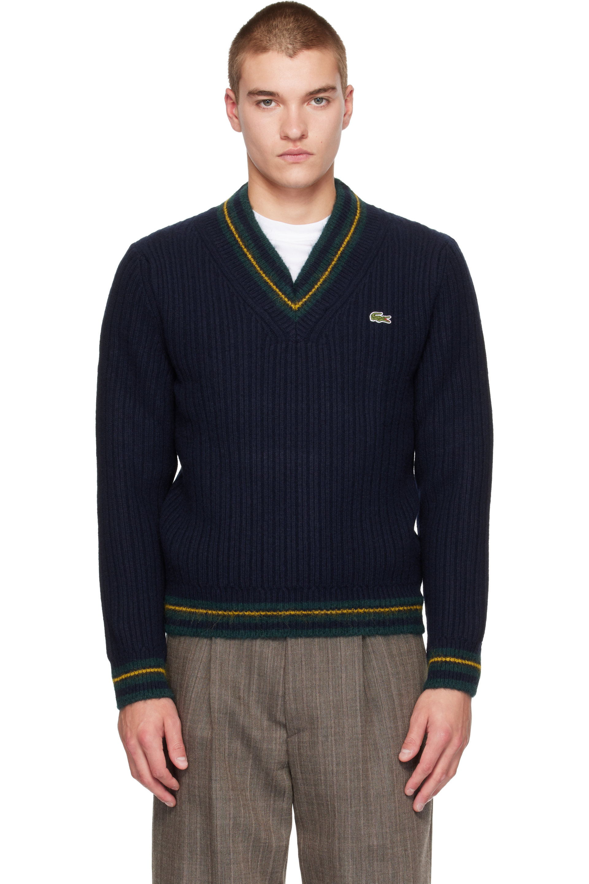 Lacoste - ネイビー ライン ウール Vネックセーター