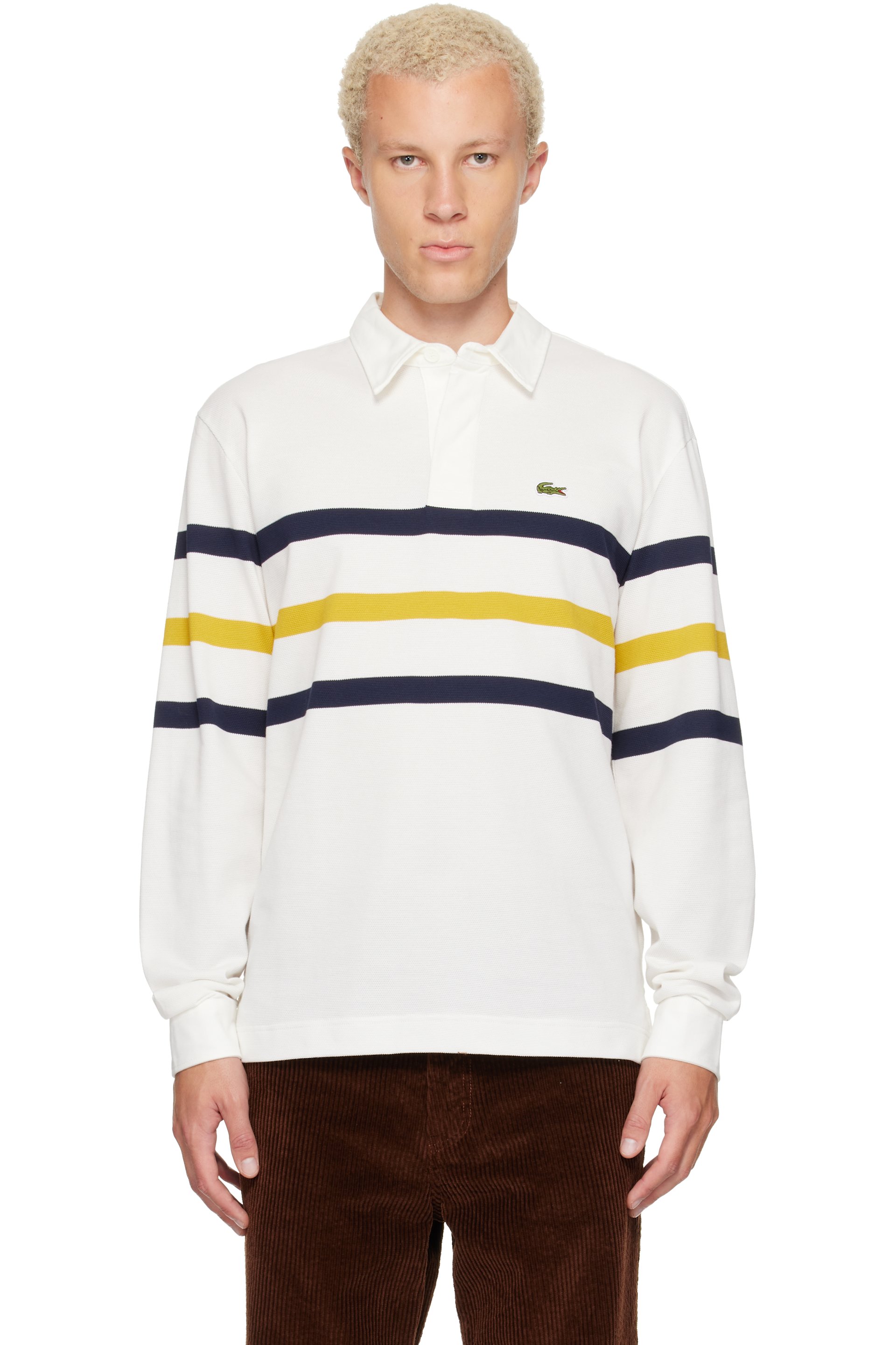 Lacoste - White Relaxed Fit Striped Piqué Rugby Polo