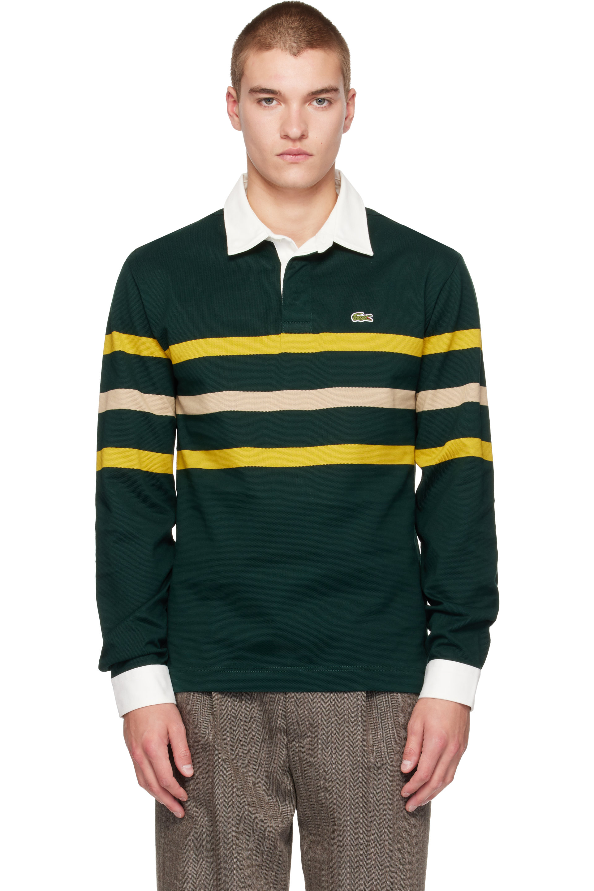 Lacoste - Polo de rugby décontracté vert en piqué à rayures