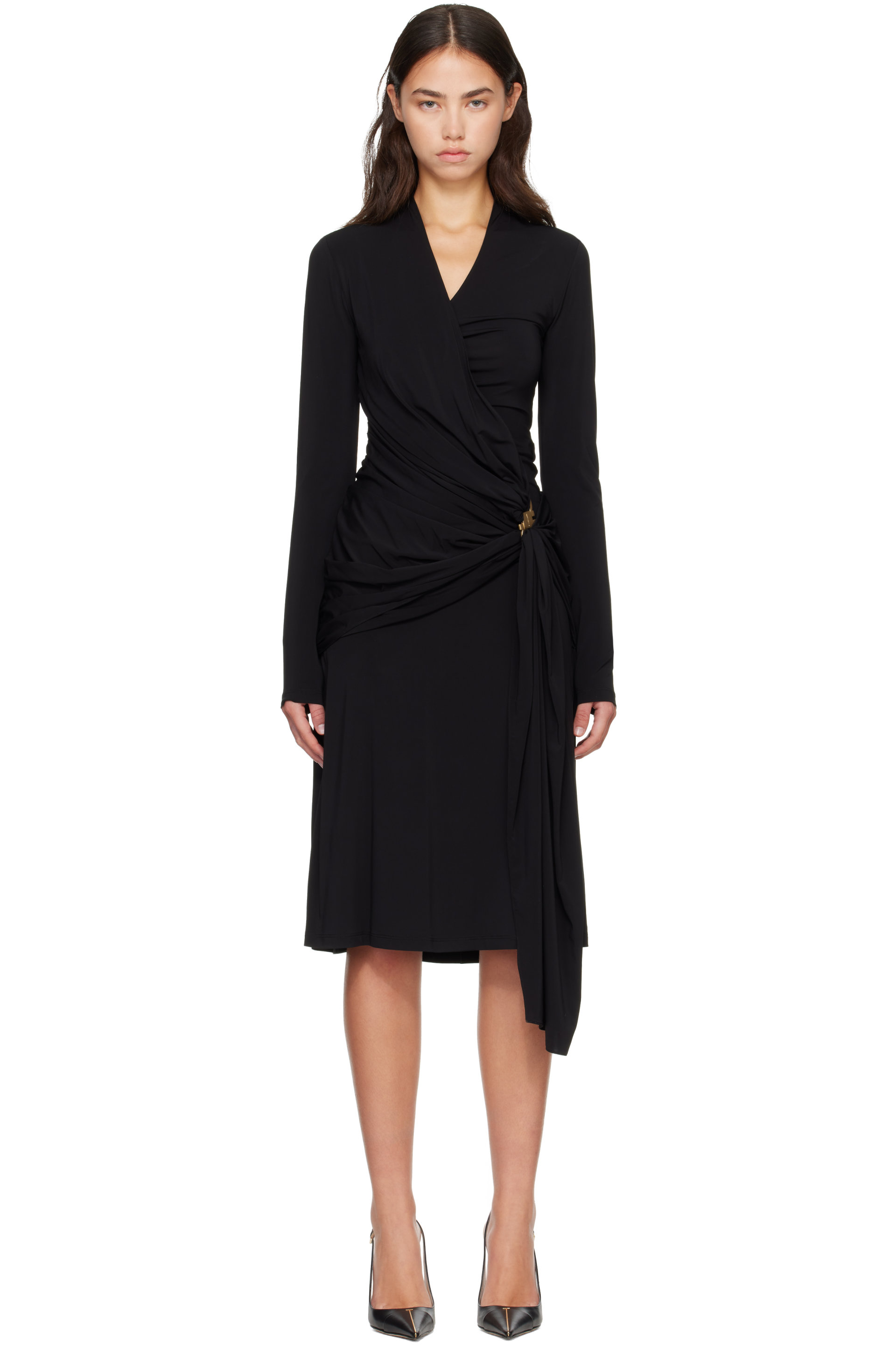 Ferragamo - Black Gathered Waist Viscose Midi Dress