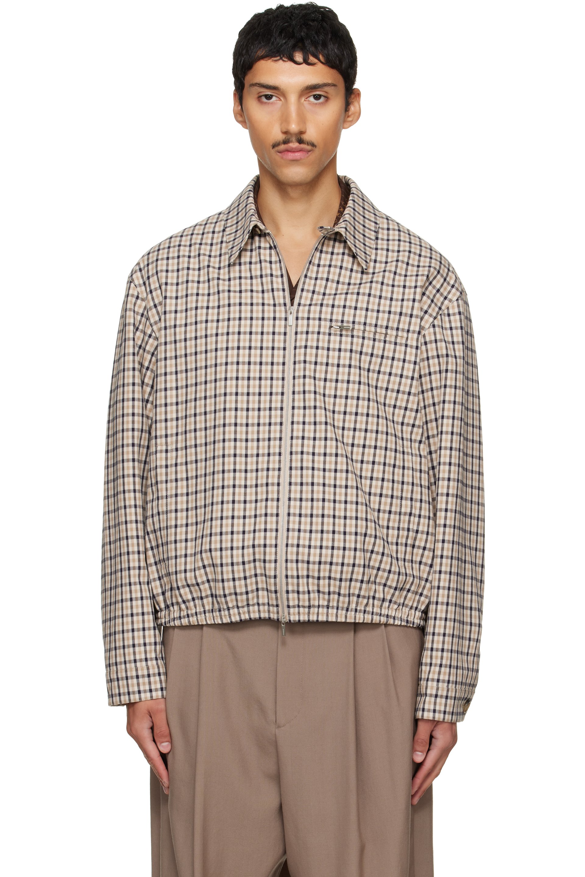 Ferragamo - Beige & Navy Check Bomber Jacket