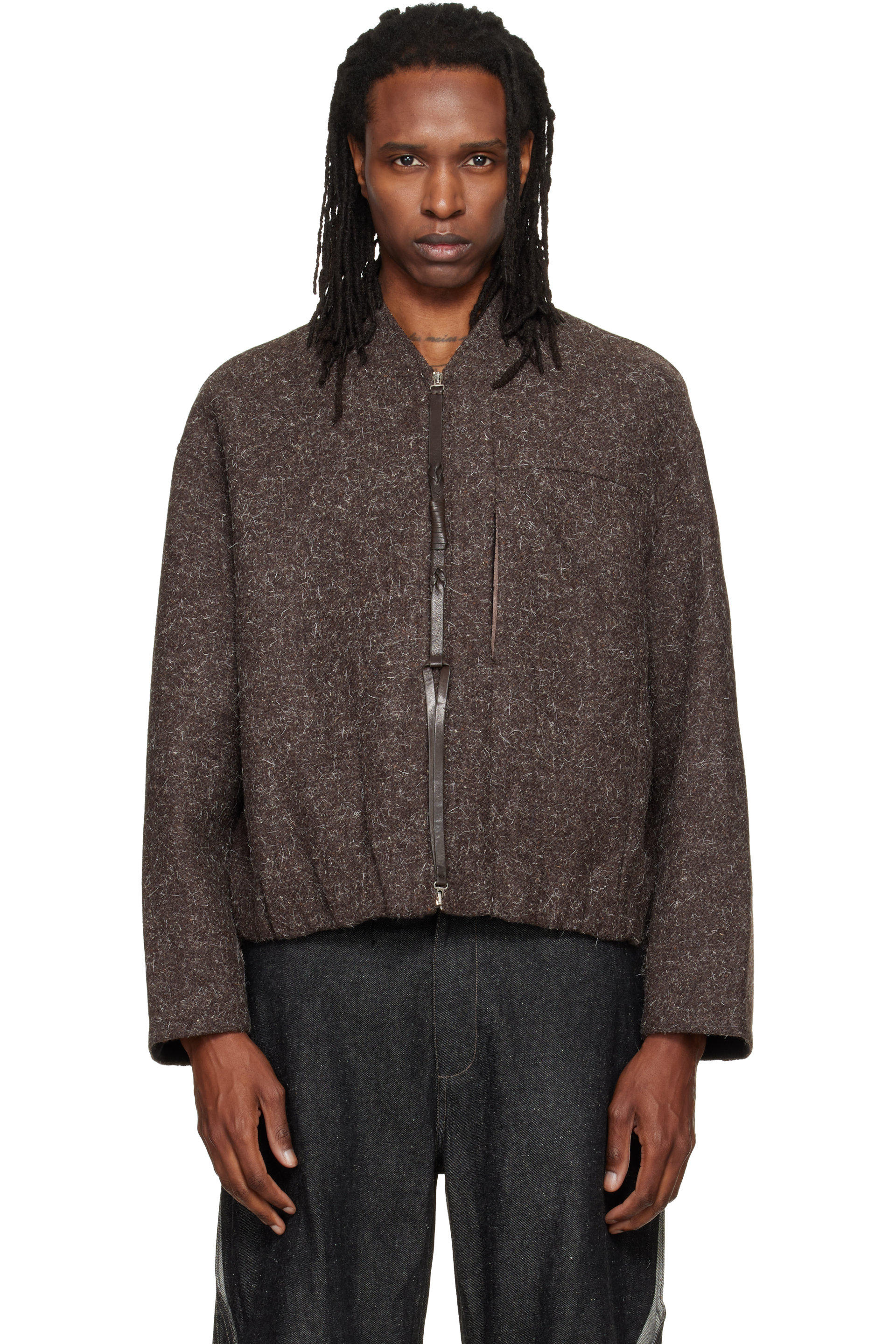 NULLUS - Brown Wool Strapped Zipper Blouson Jacket