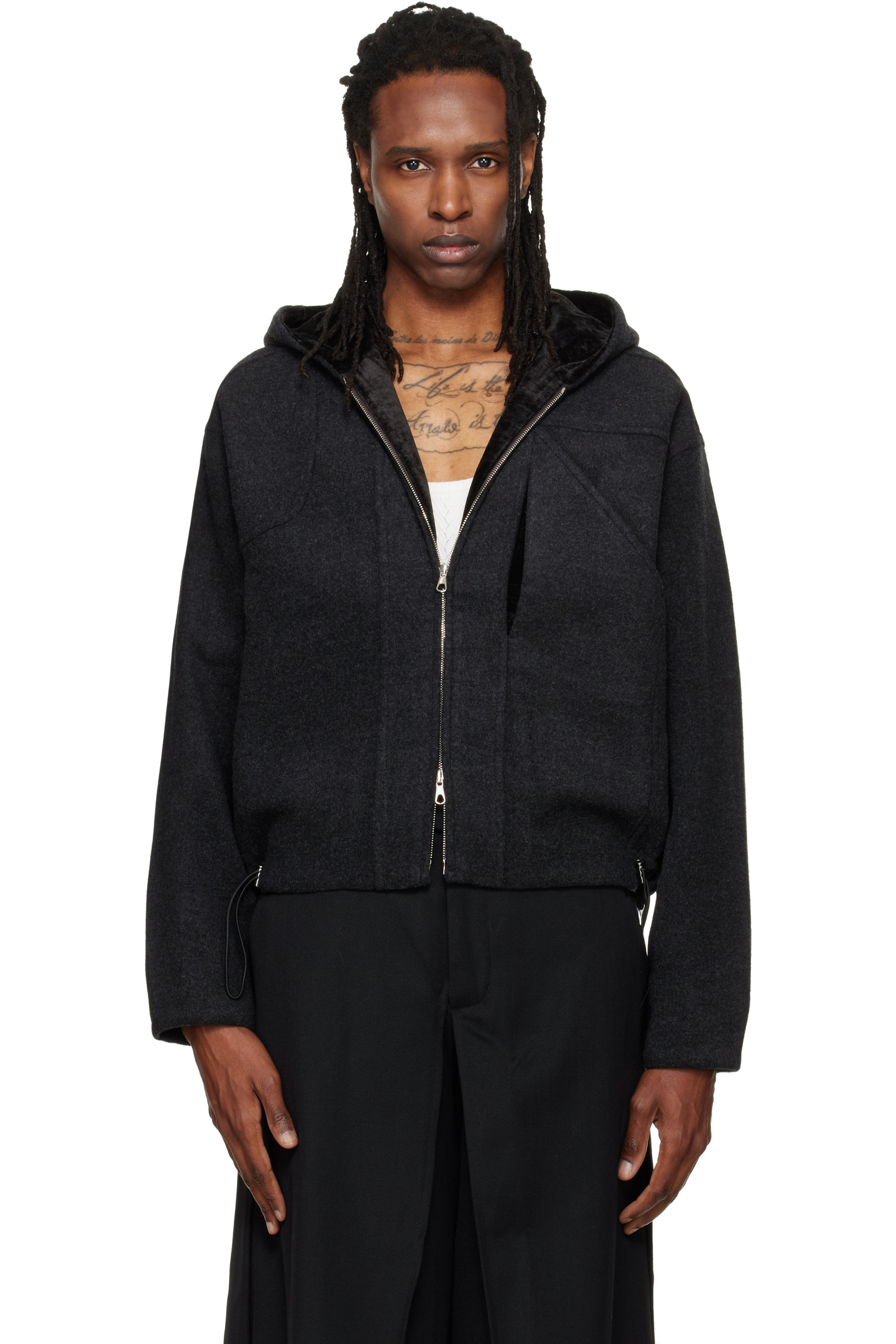 NULLUS - Blouson de chasse gris en laine à capuche