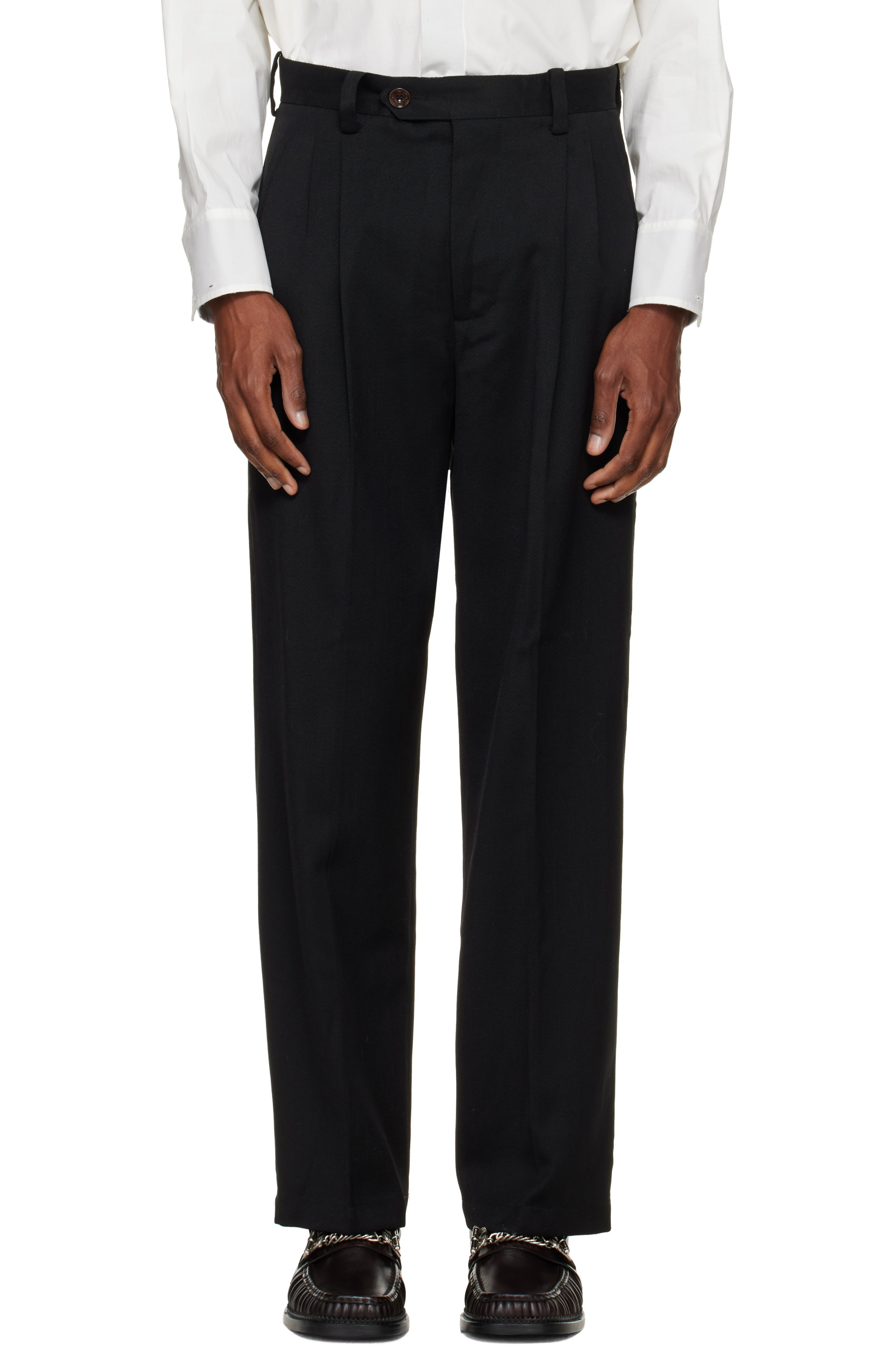 NULLUS - Black Woolen Layered Tapered Trousers