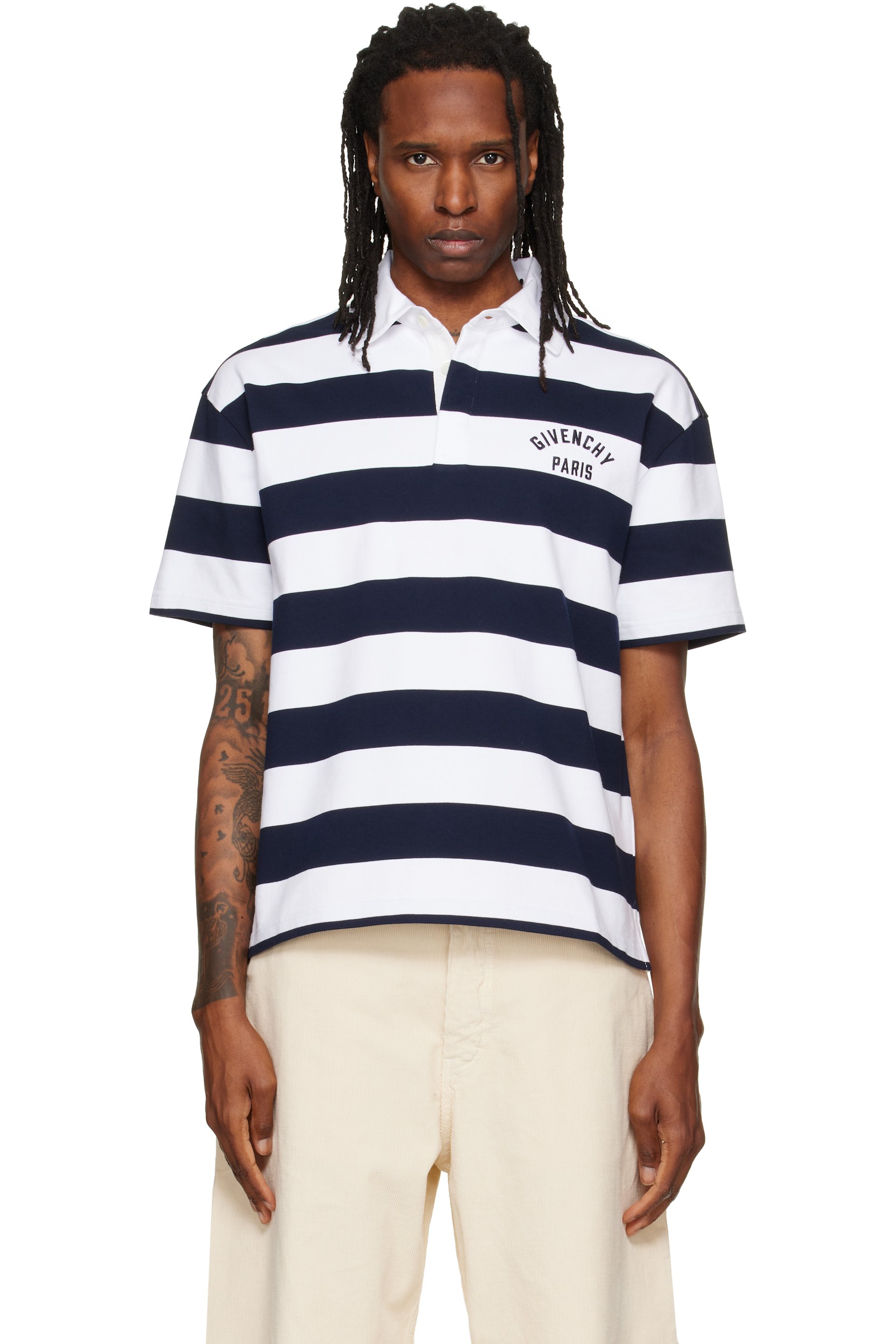 Givenchy - White & Navy Striped 'Givenchy Paris' Embroidery Polo