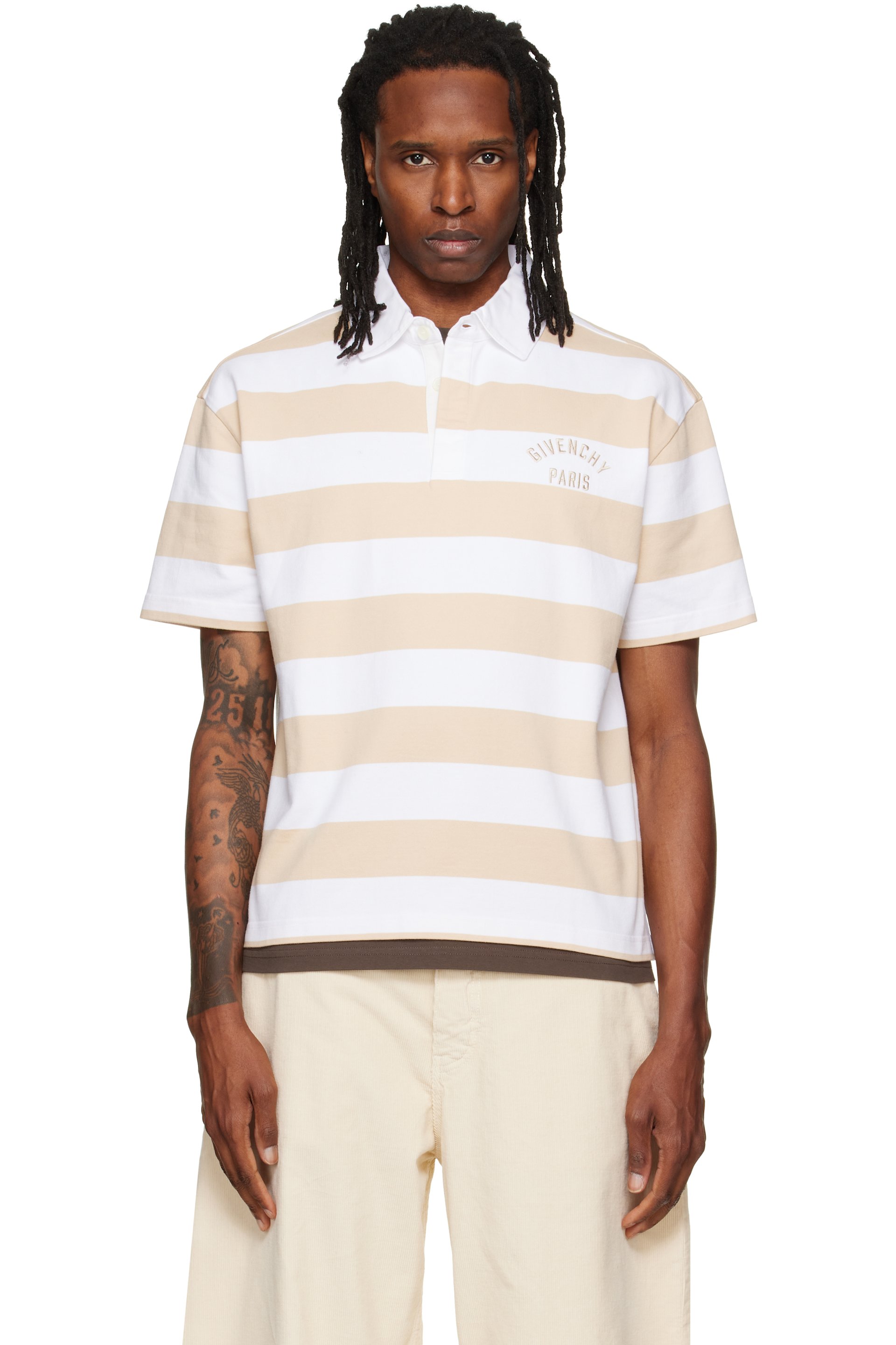 Givenchy - Beige & White Striped 'Givenchy Paris' Embroidery Polo