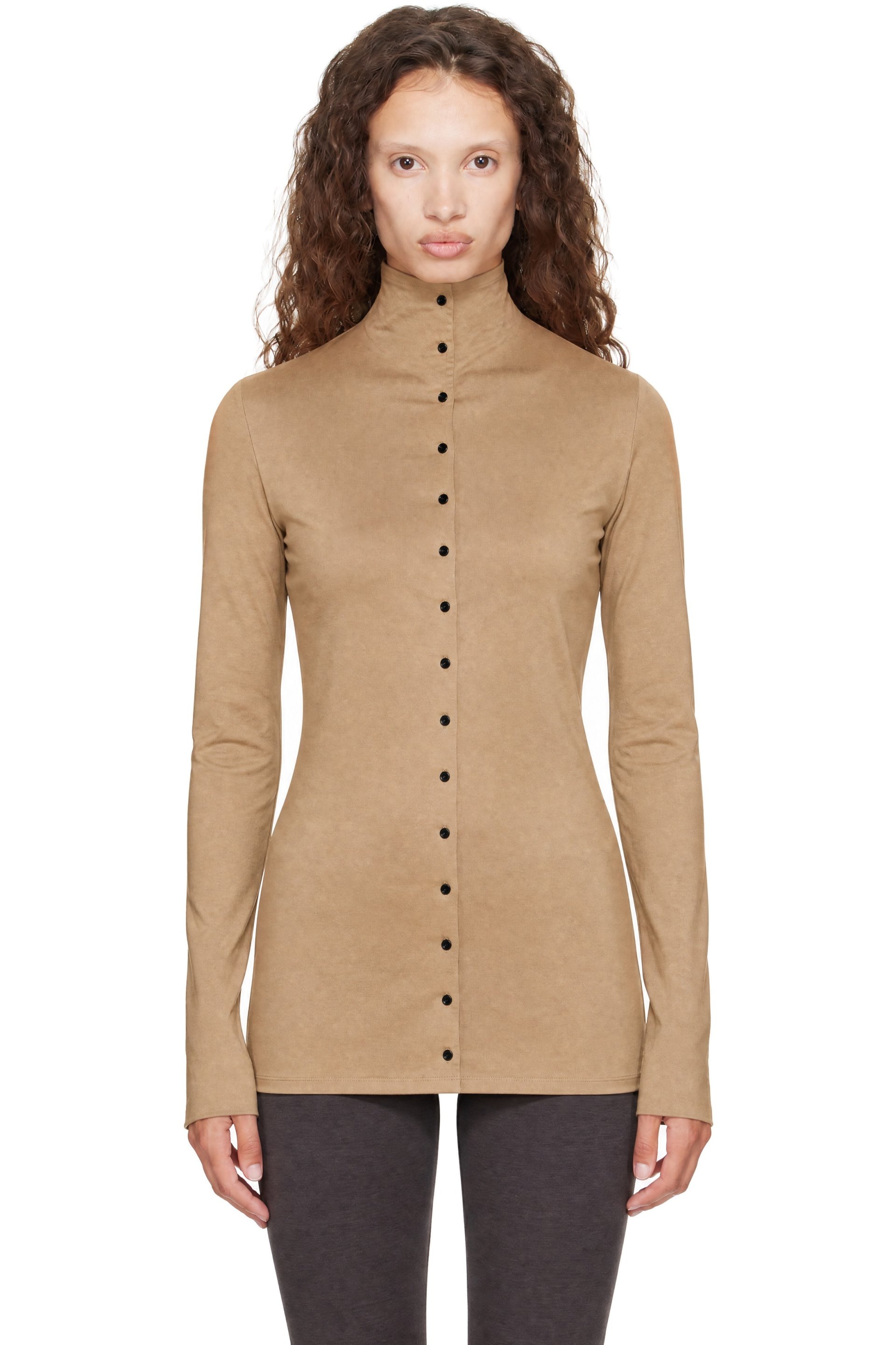 BAMBOU ROGER KWONG - Beige High Collar Fitted Shirt