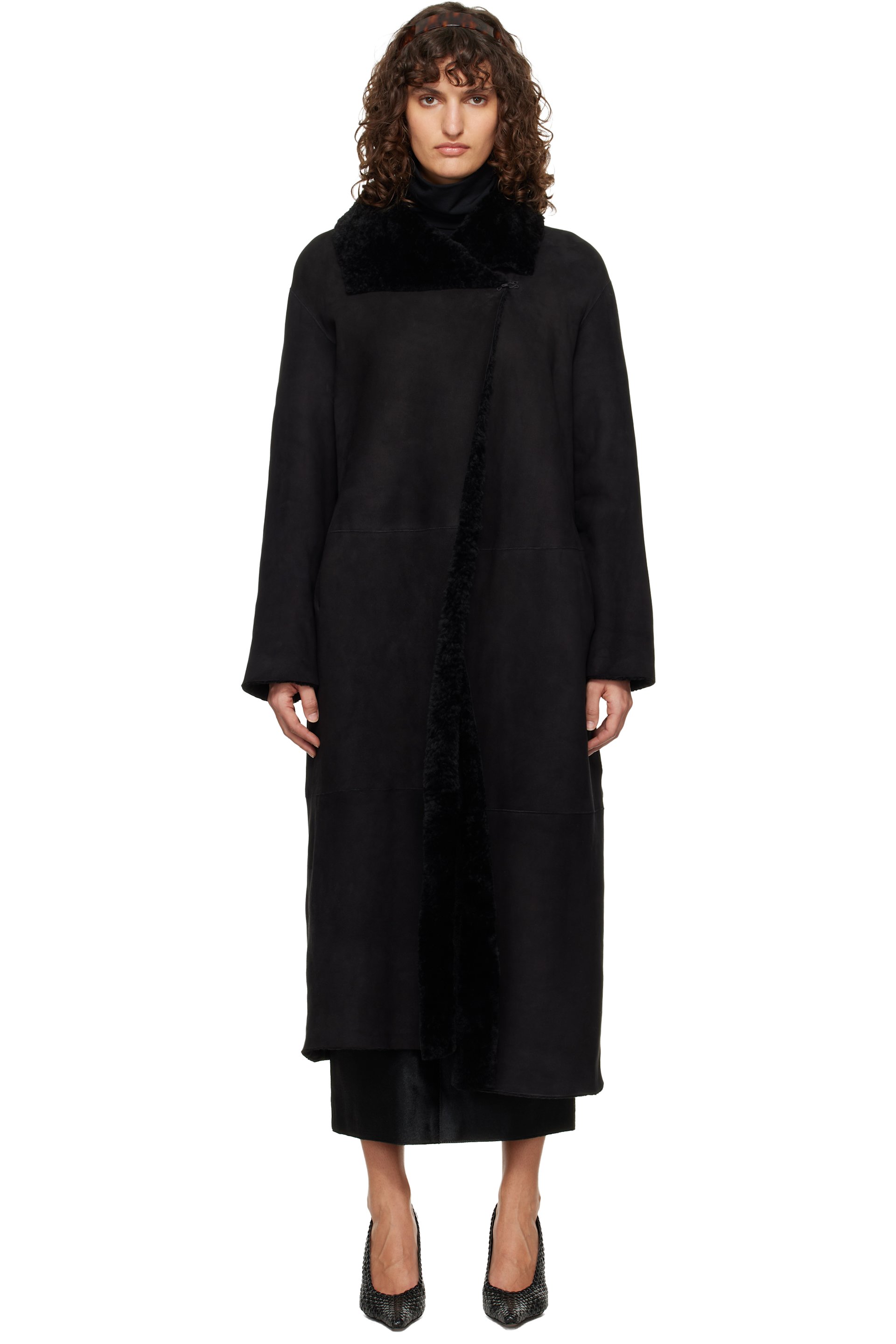 Nour Hammour - Black Draped Shearling Birthday Coat