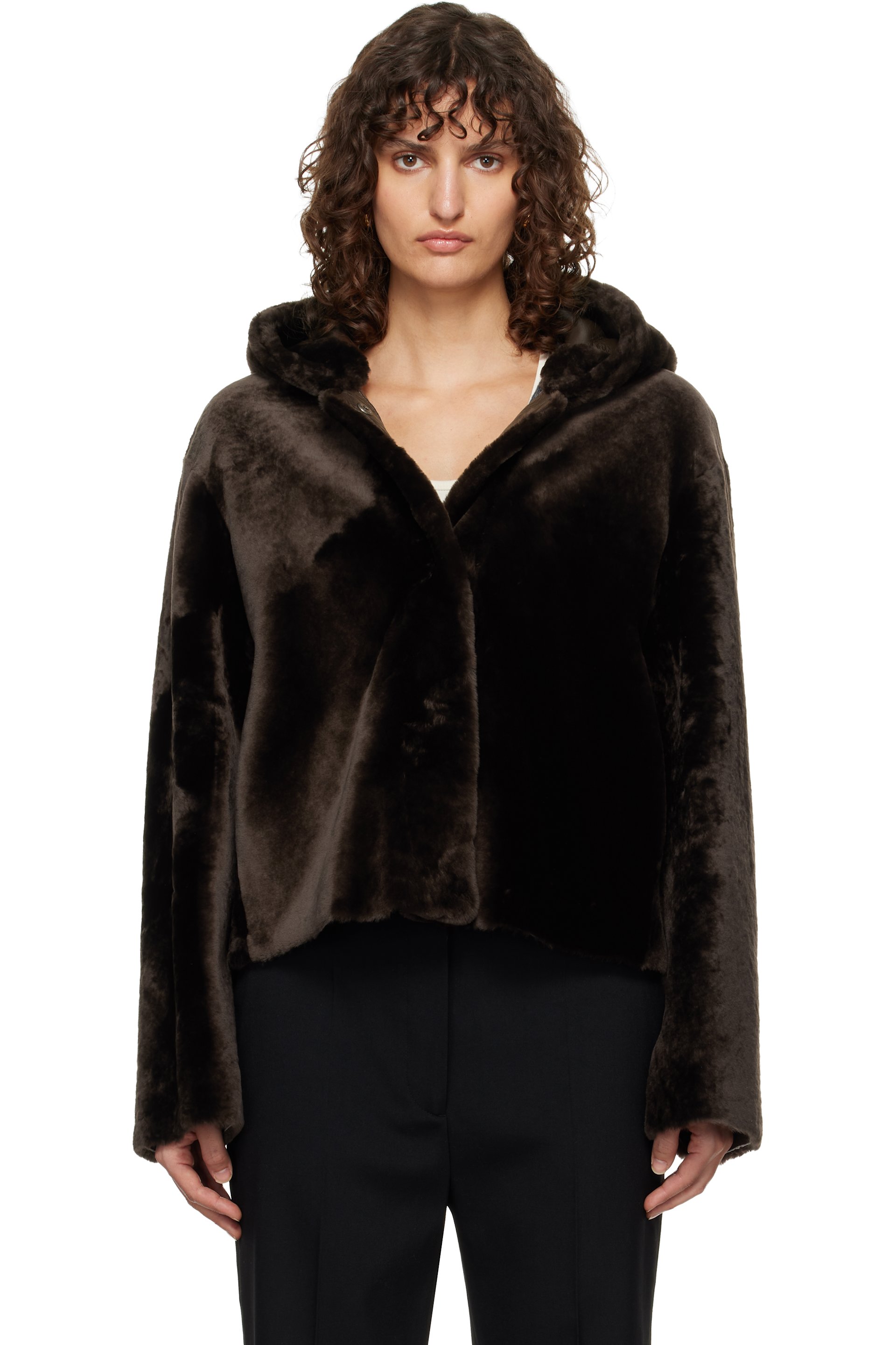 Nour Hammour - Brown Cooper Hooded Curly Shearling Jacket