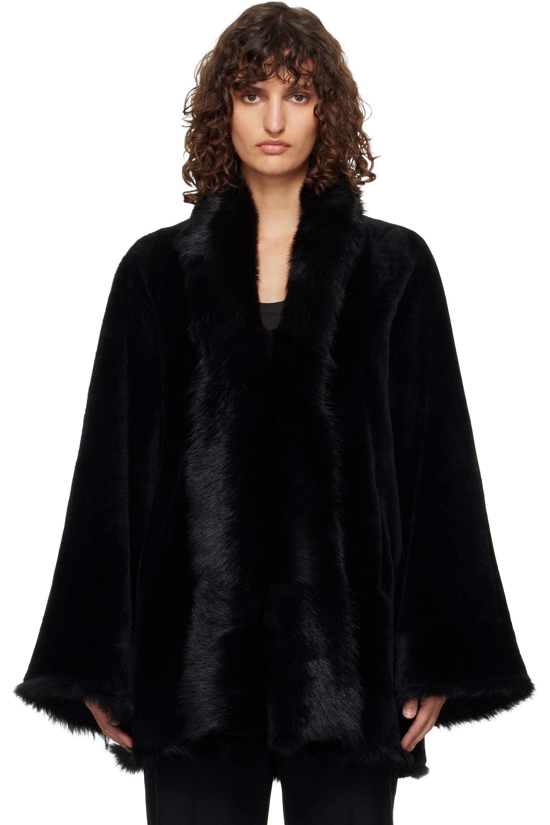 Nour Hammour - Black Sima Midi Shearling Coat