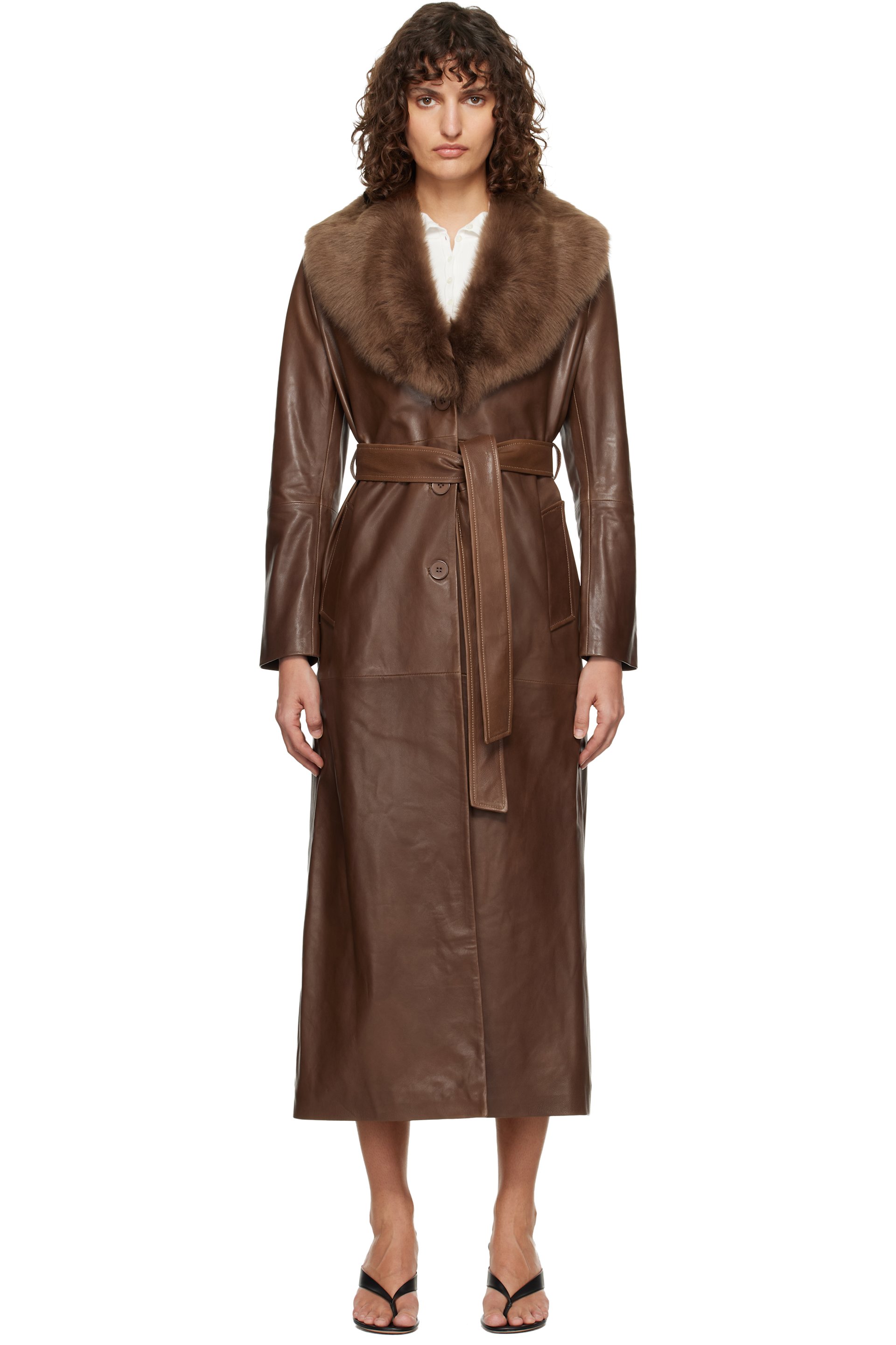 Nour Hammour: Brown Dakota Glamorous Leather Coat | SSENSE Canada
