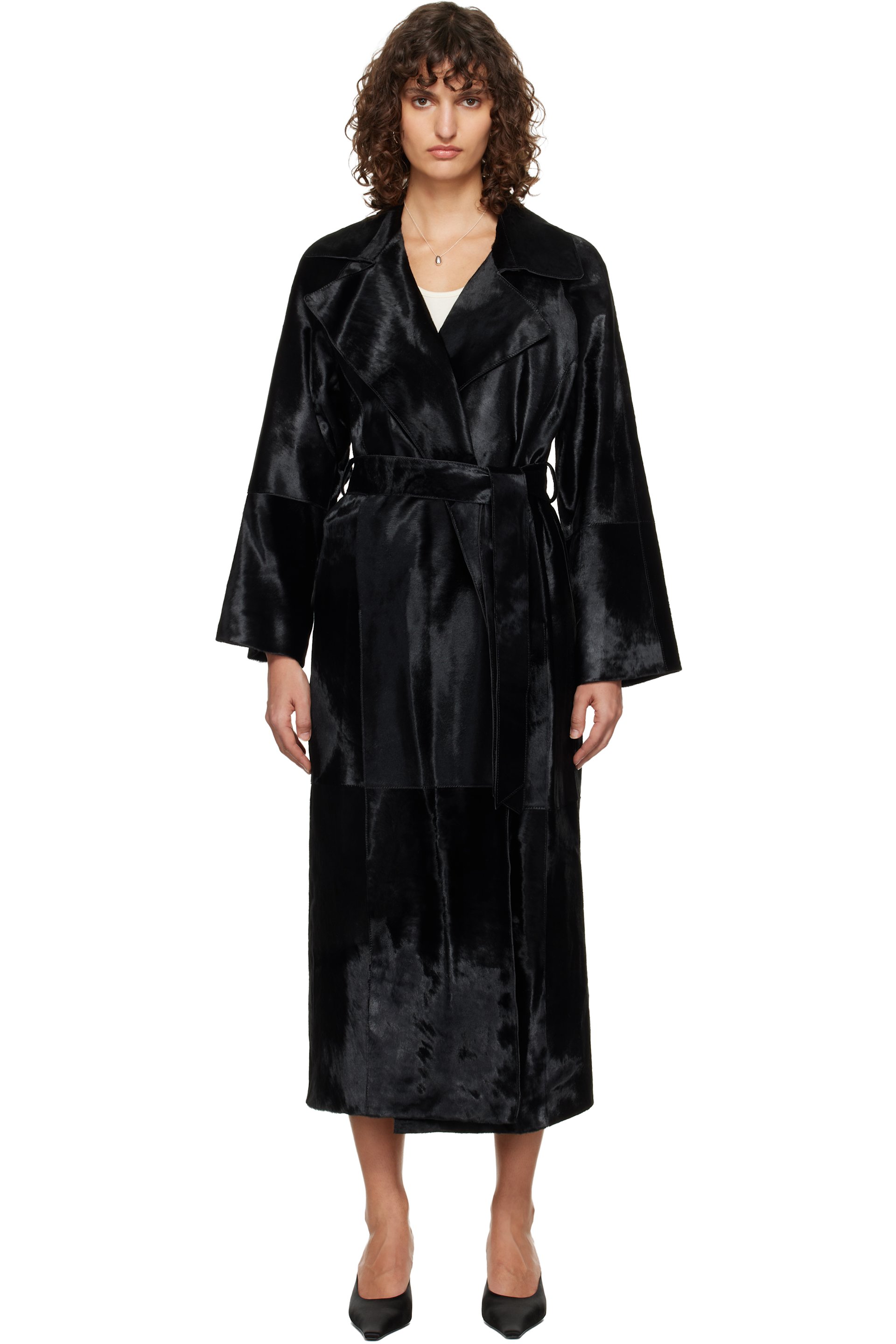 Nour Hammour - Manteau Althea noir en cuir avec poils
