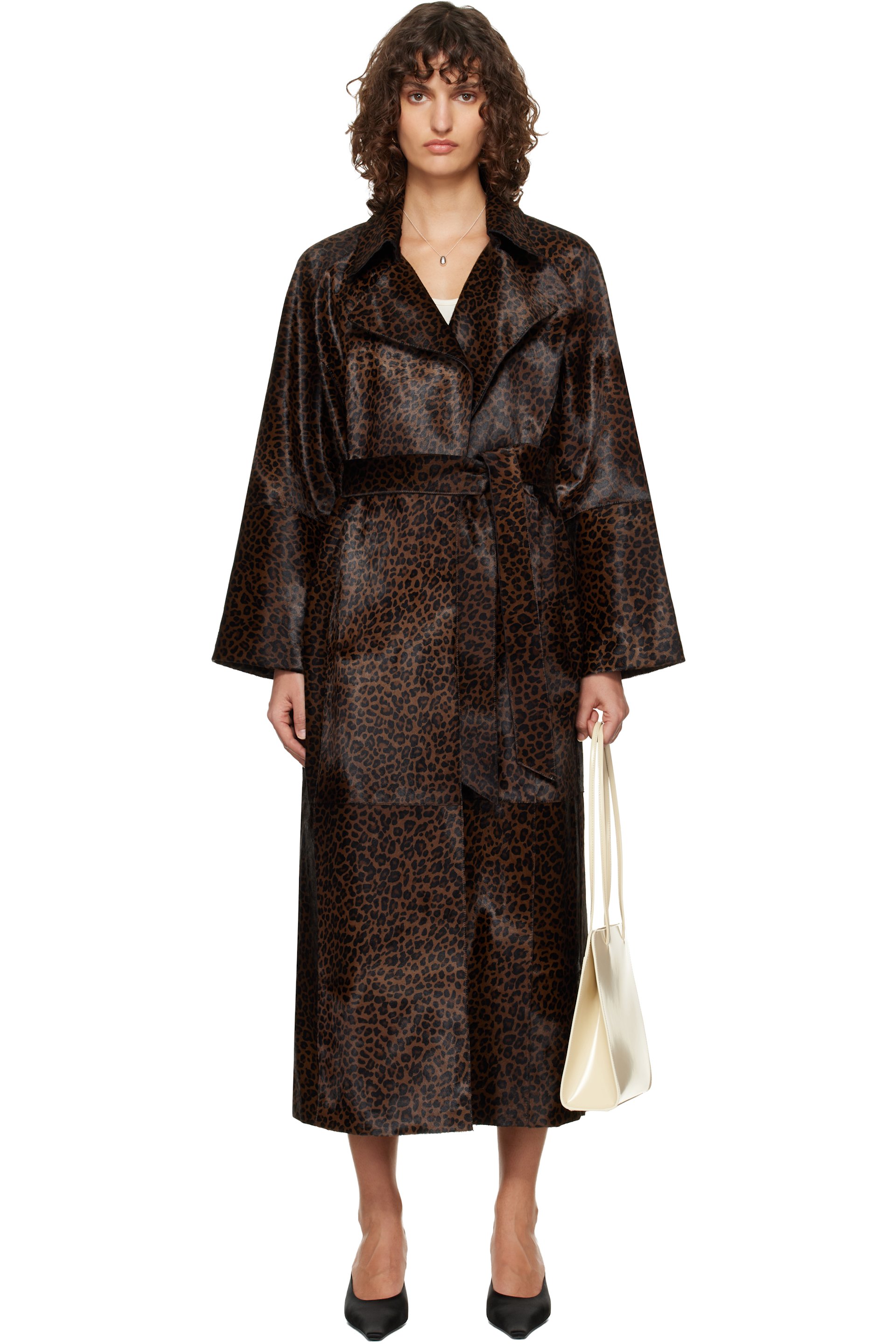 Nour Hammour - Manteau Althea brun en cuir avec poils