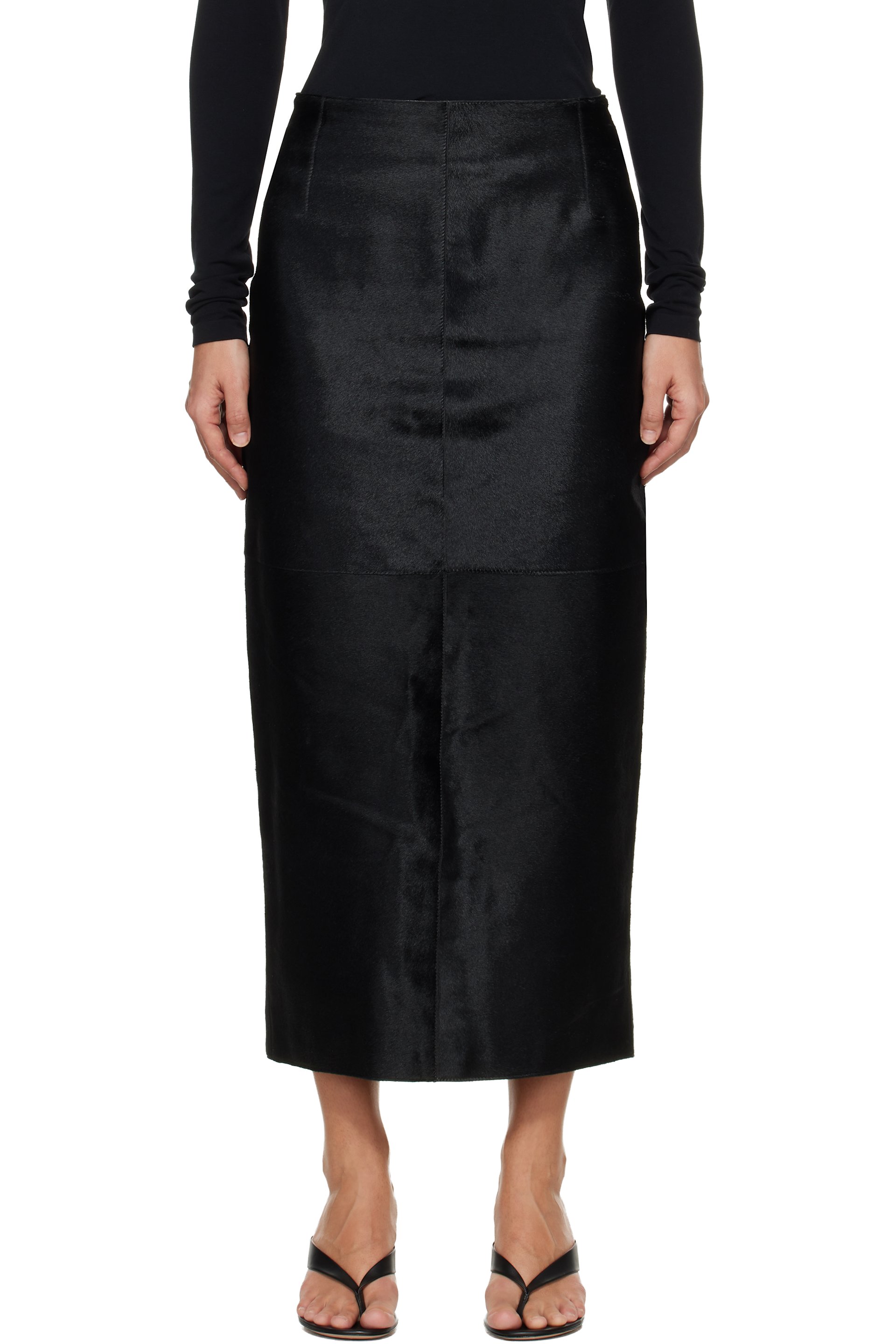 Nour Hammour - Jupe crayon Elisse noire en cuir avec poils