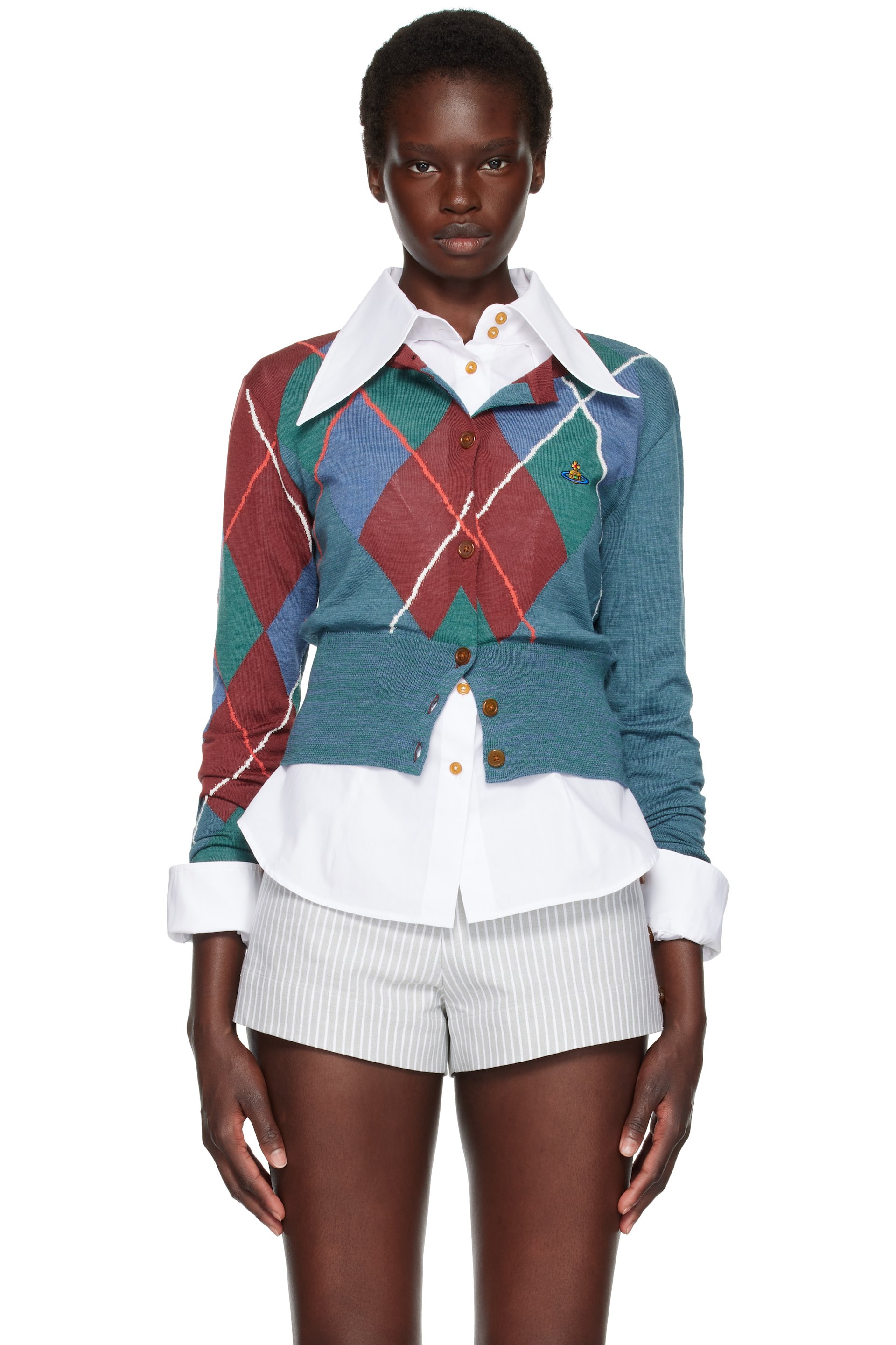 Vivienne Westwood - Cardigan écourté bleu à motif argyle