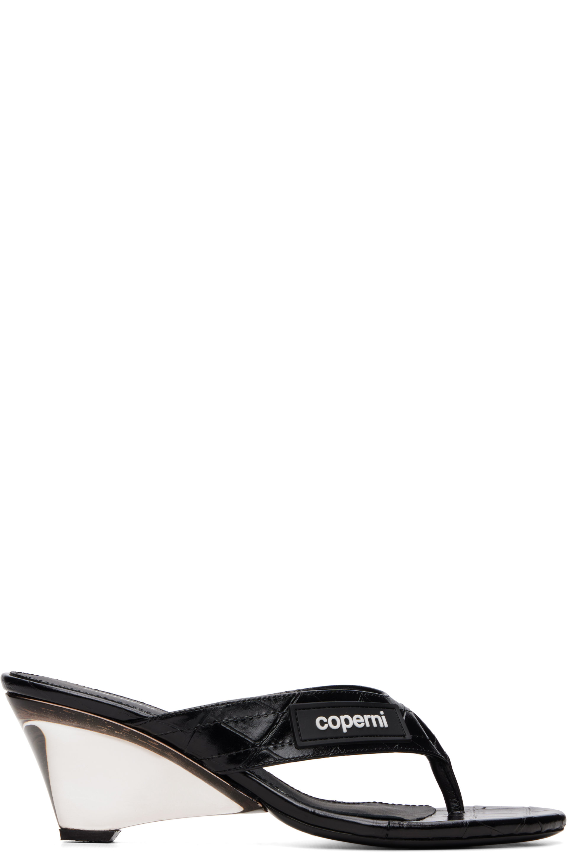 Coperni - Sandales à talon noires gaufrées façon croco à bride de style tong