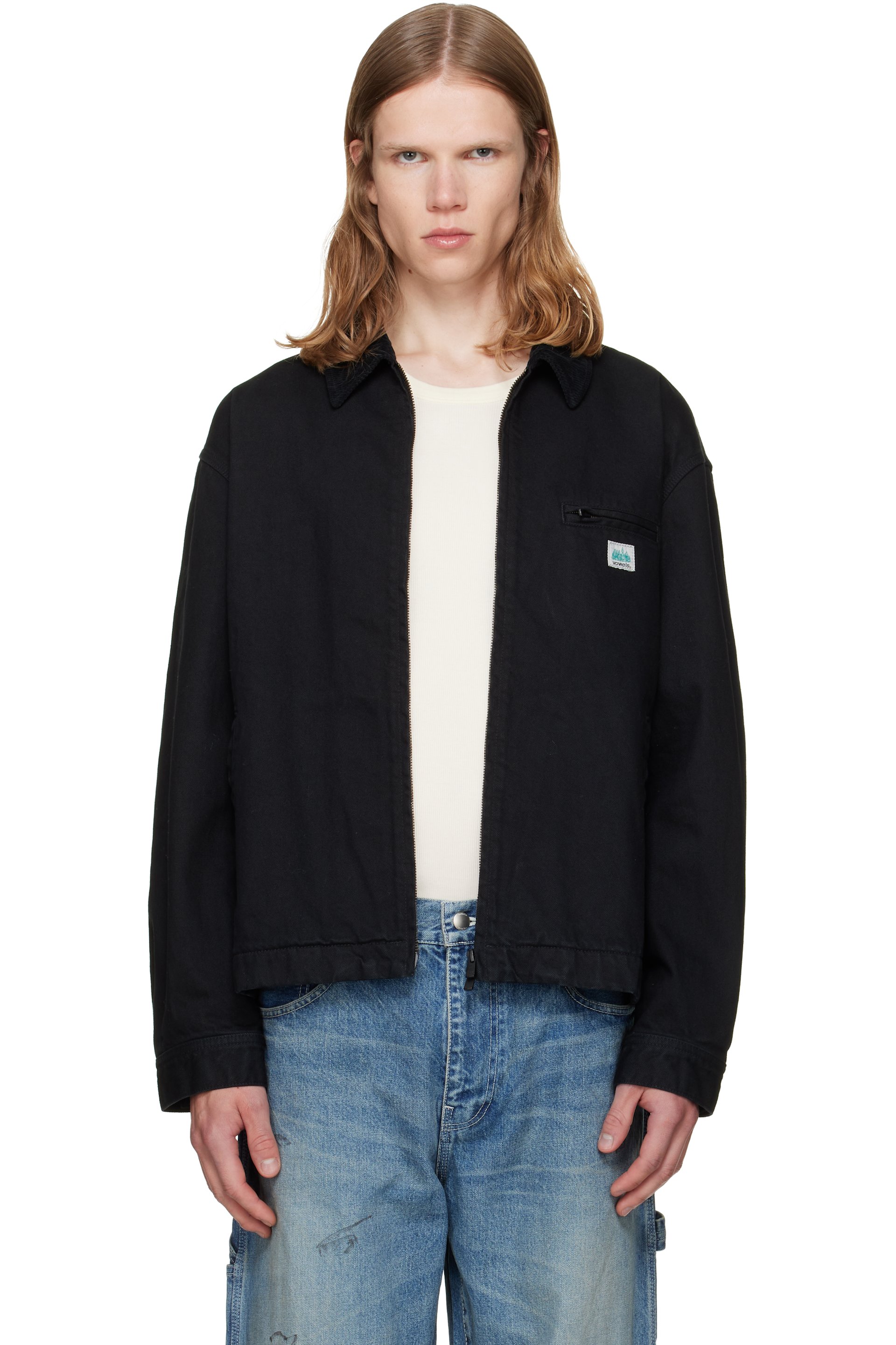 vowels - Blouson noir en denim à glissière et à col en velours côtelé