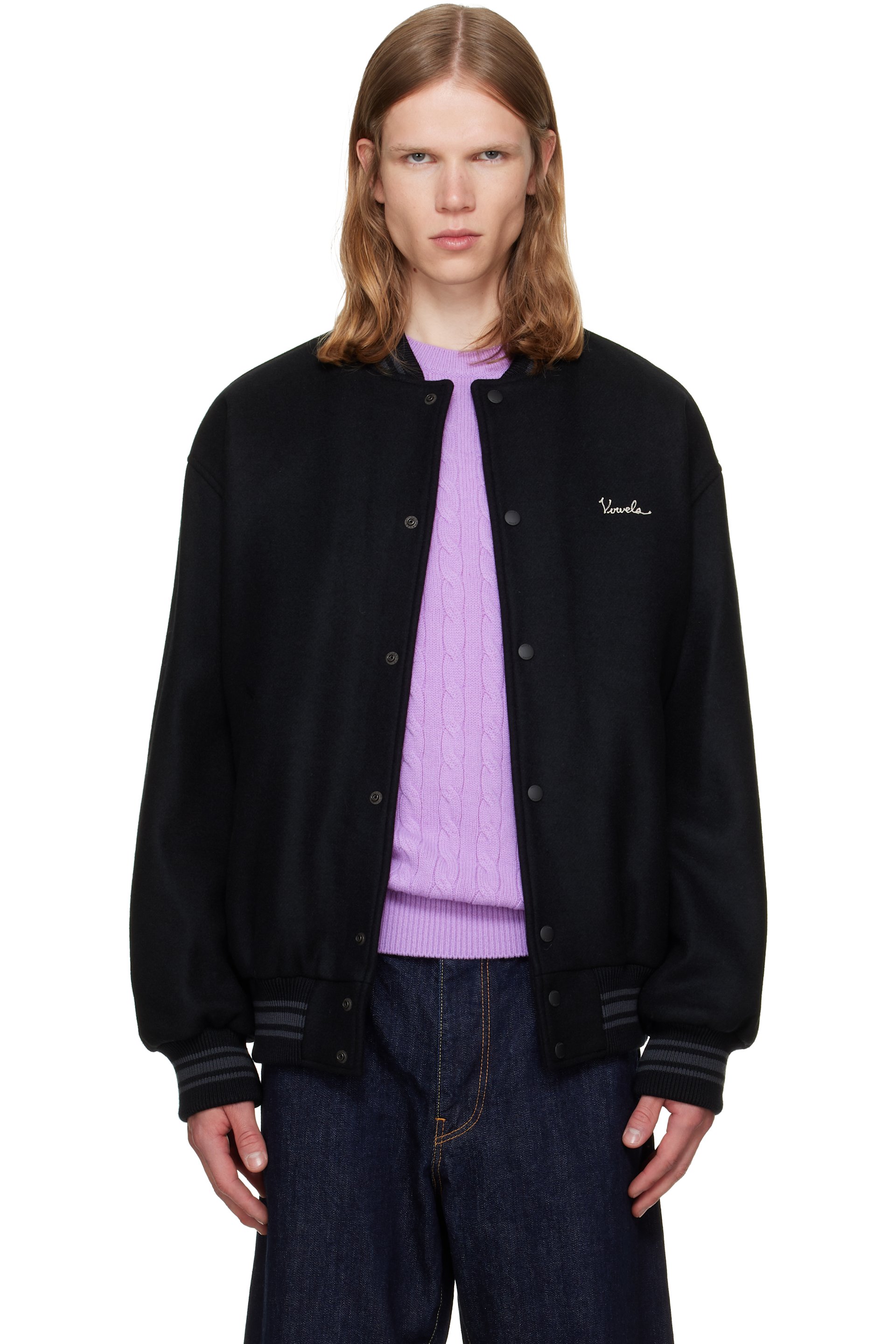 vowels - Black Wool Varsity Bomber Jacket