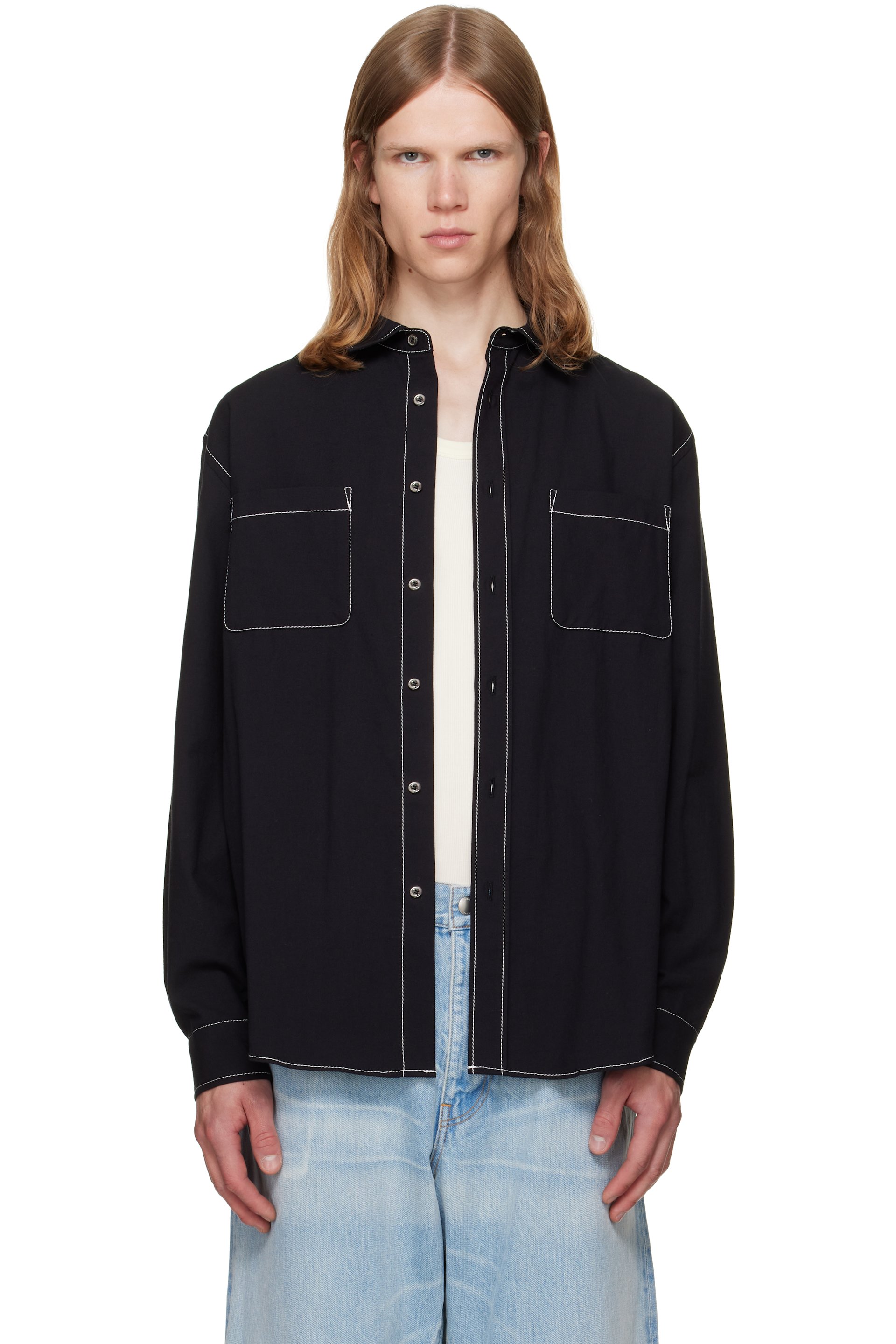 vowels - Black Double Pocket Shirt