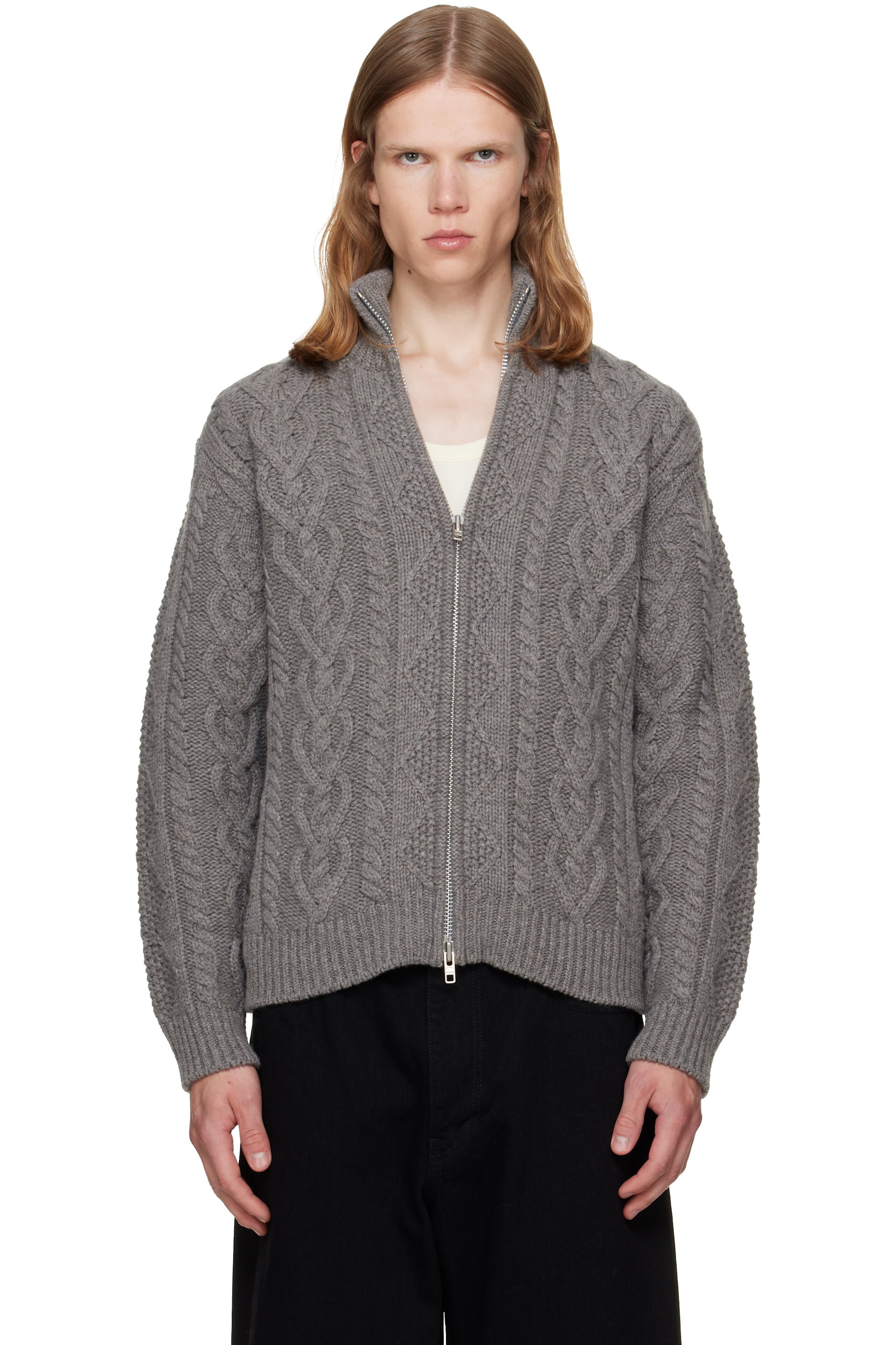 vowels - Gray Cable Knit Zip-Up Cardigan