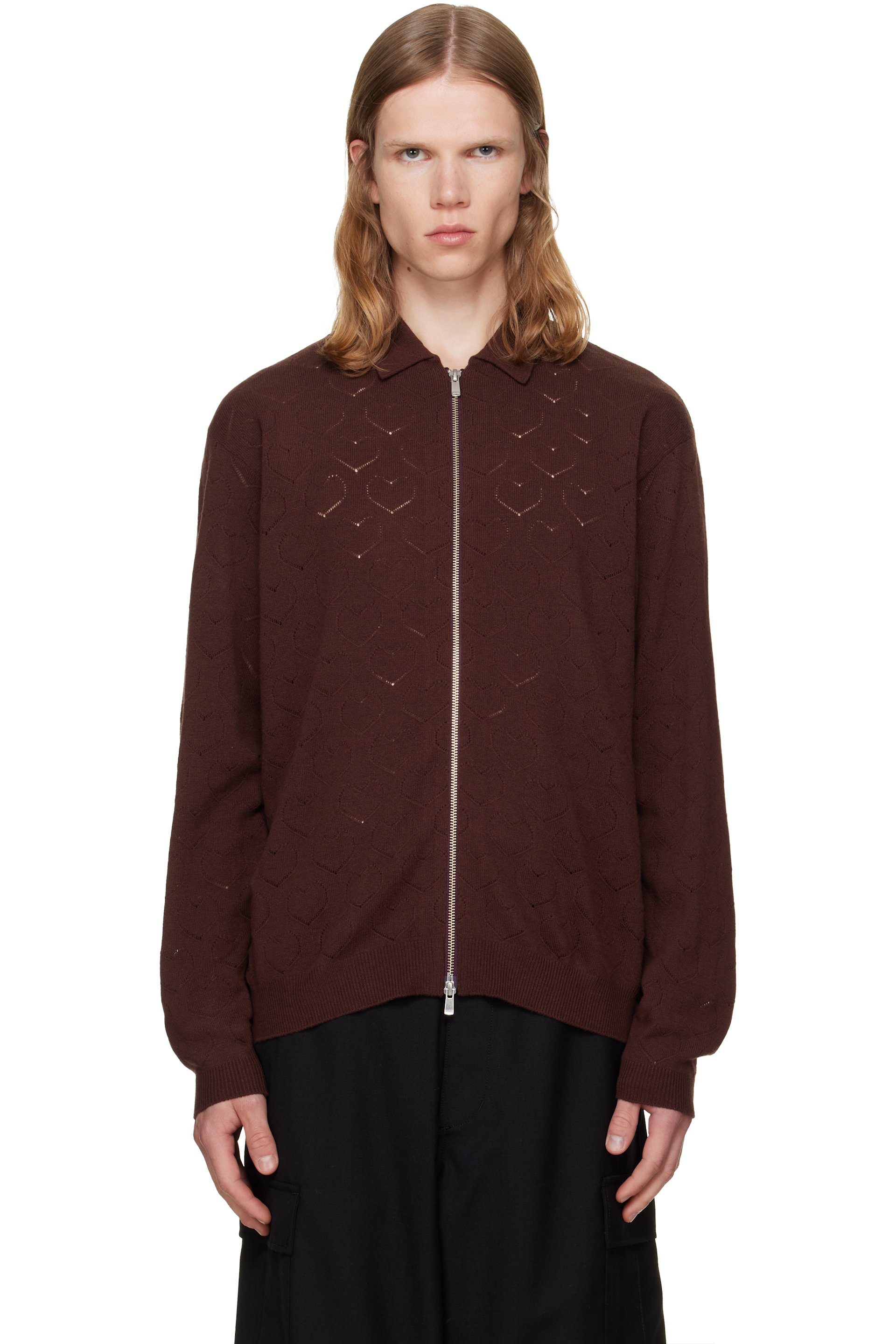 vowels - Pull brun en tricot à broderie anglaise et à glissière