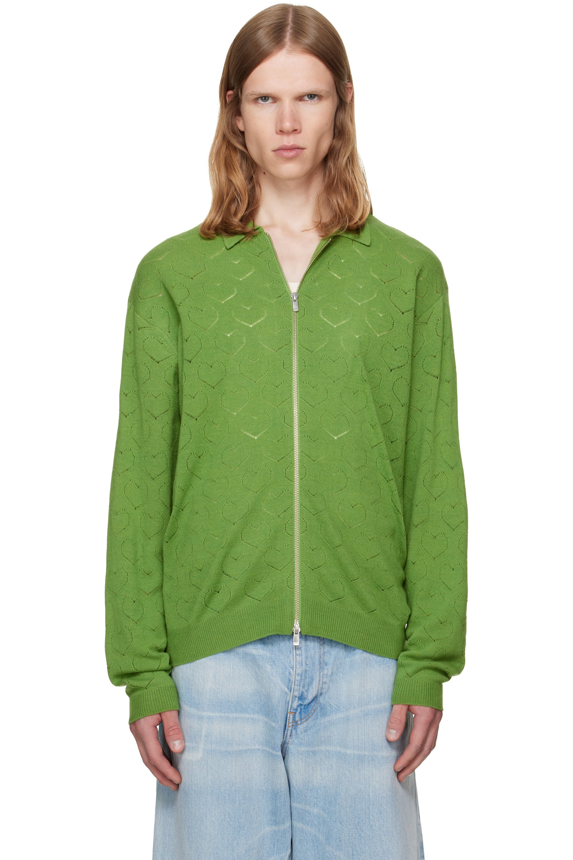 vowels - Pull vert en tricot à broderie anglaise à glissière
