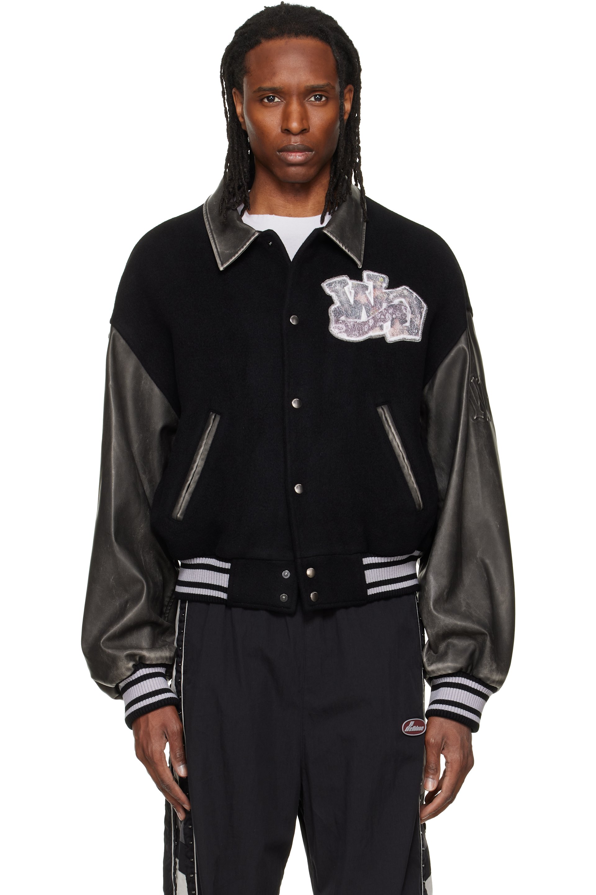 We11done - Black Faux-Leather Varsity Jacket