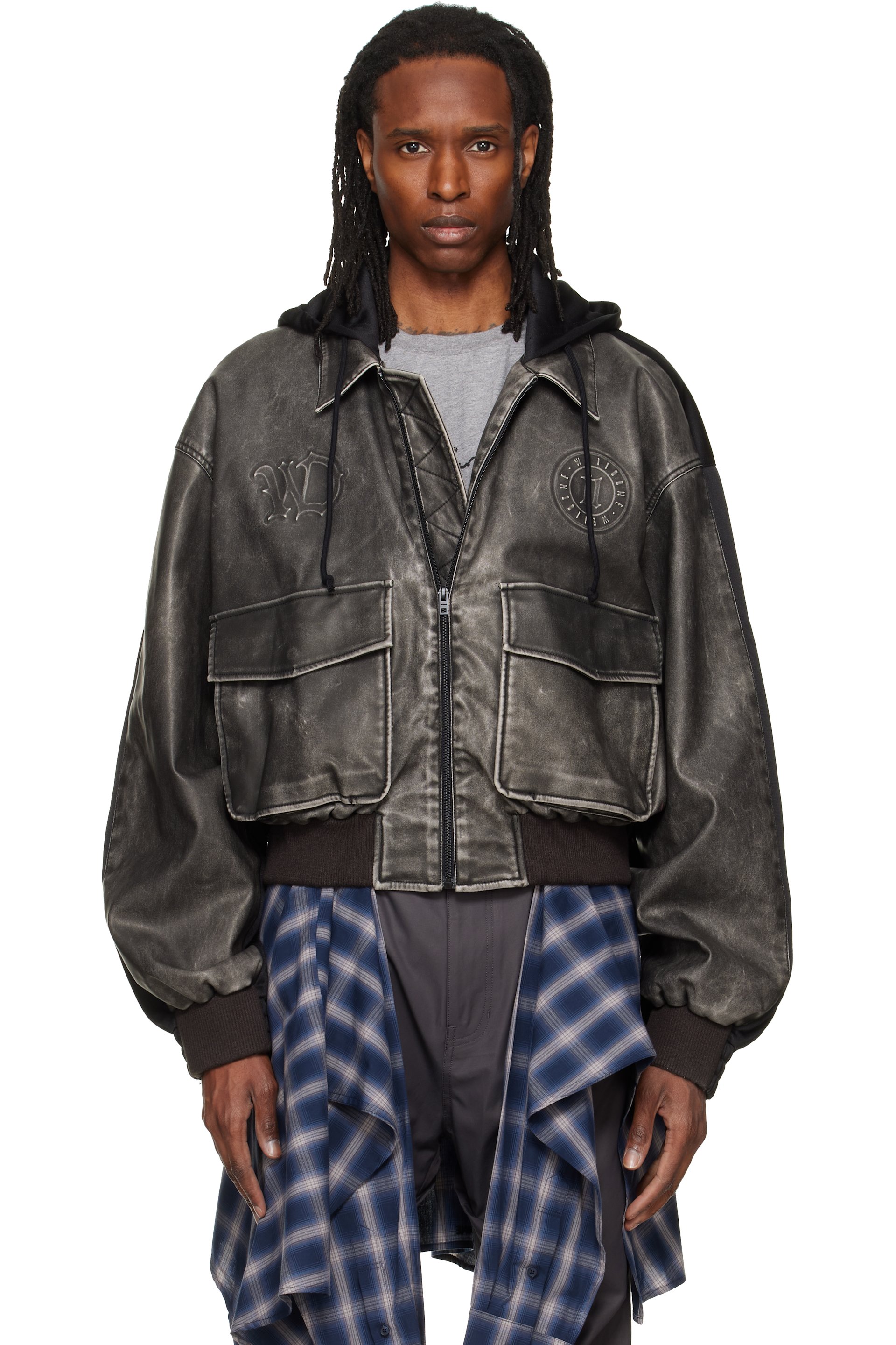We11done - Black Hybrid Hooded Faux-Leather Track Jacket
