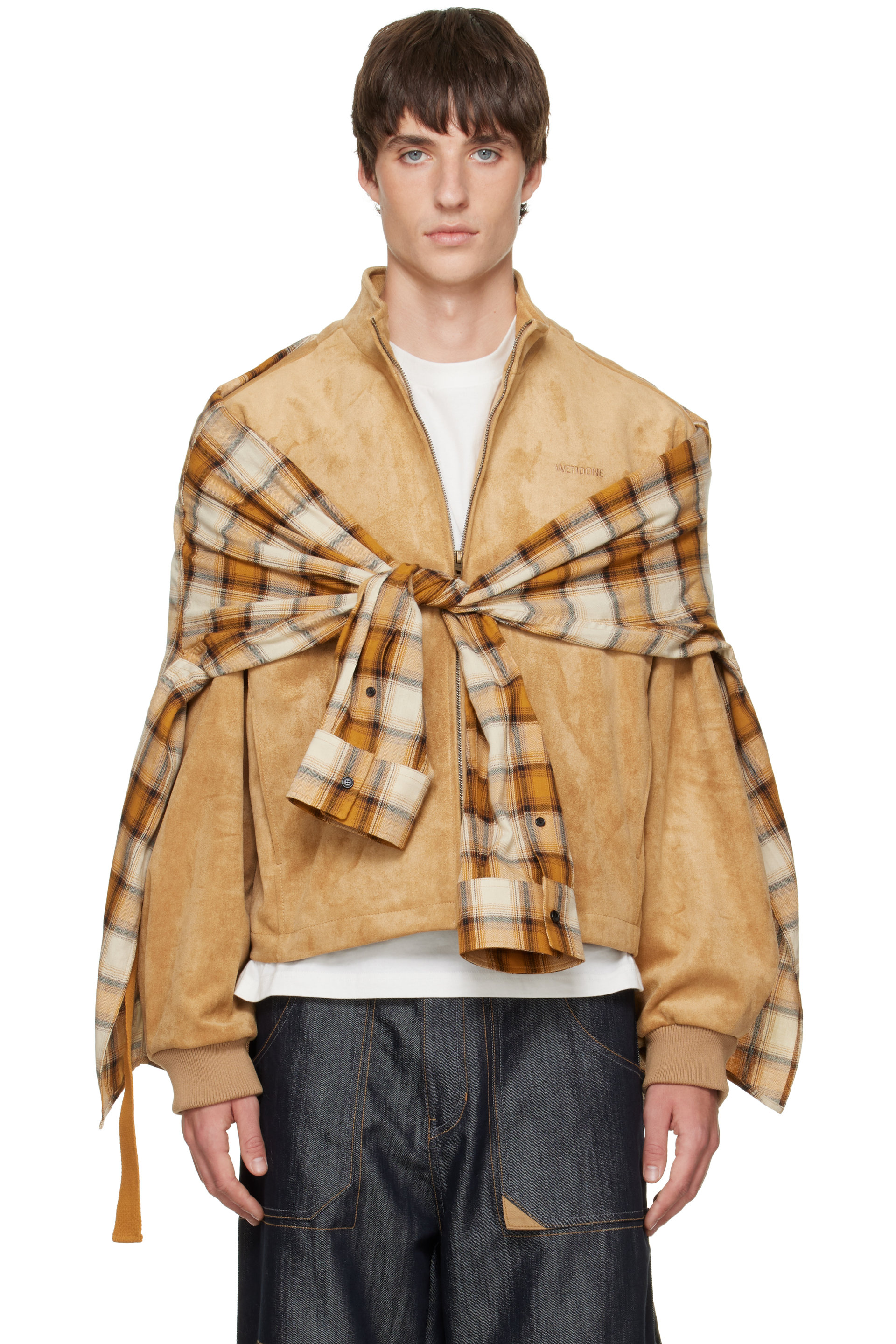 We11done - Tan Faux-Suede Layered Harrington Jacket
