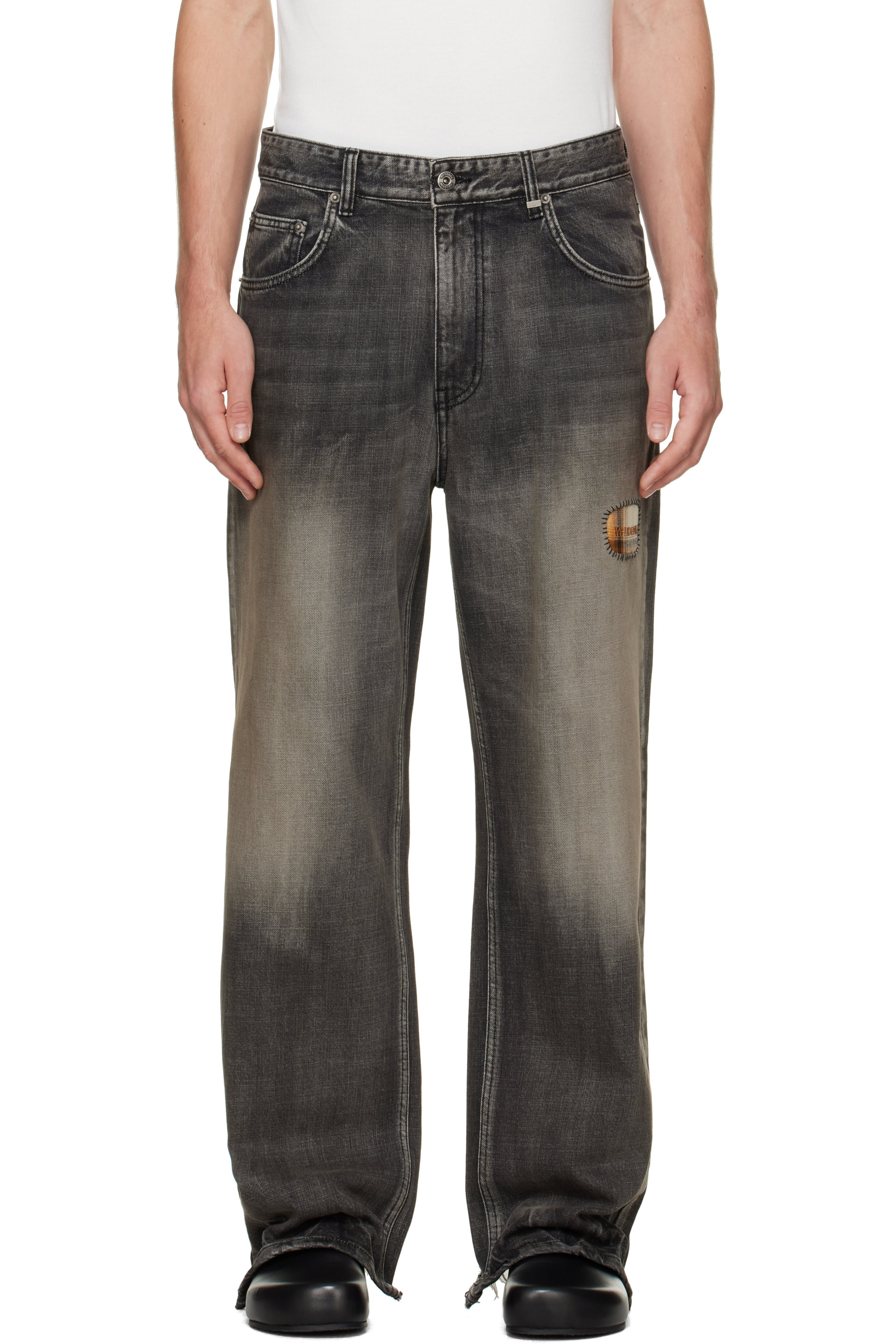 We11done - Black Repaired Check Denim Jeans