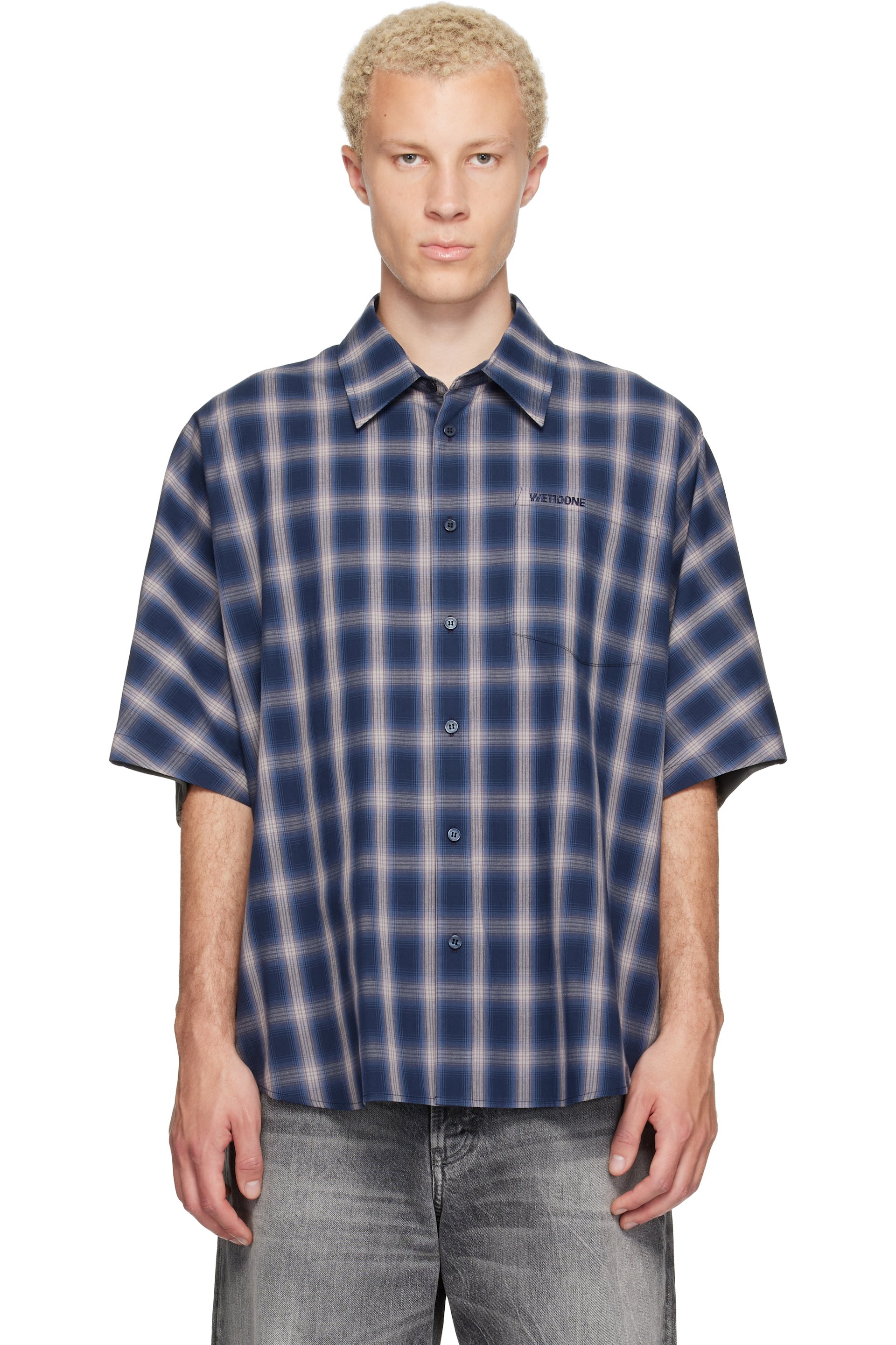 We11done - Chemise à manches chauve-souris courtes bleue