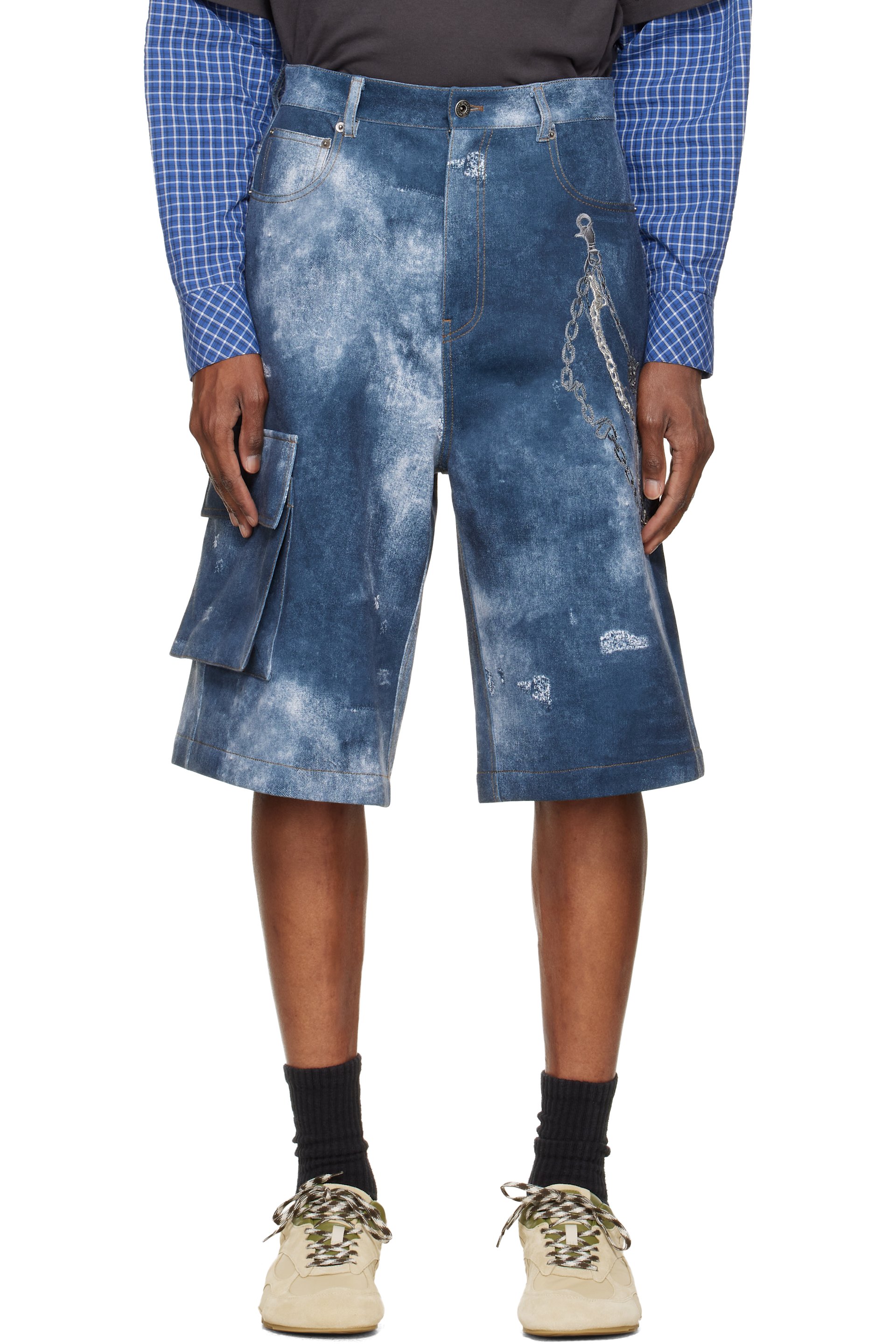 We11done - Blue Trompe L'Oeil Cargo Shorts