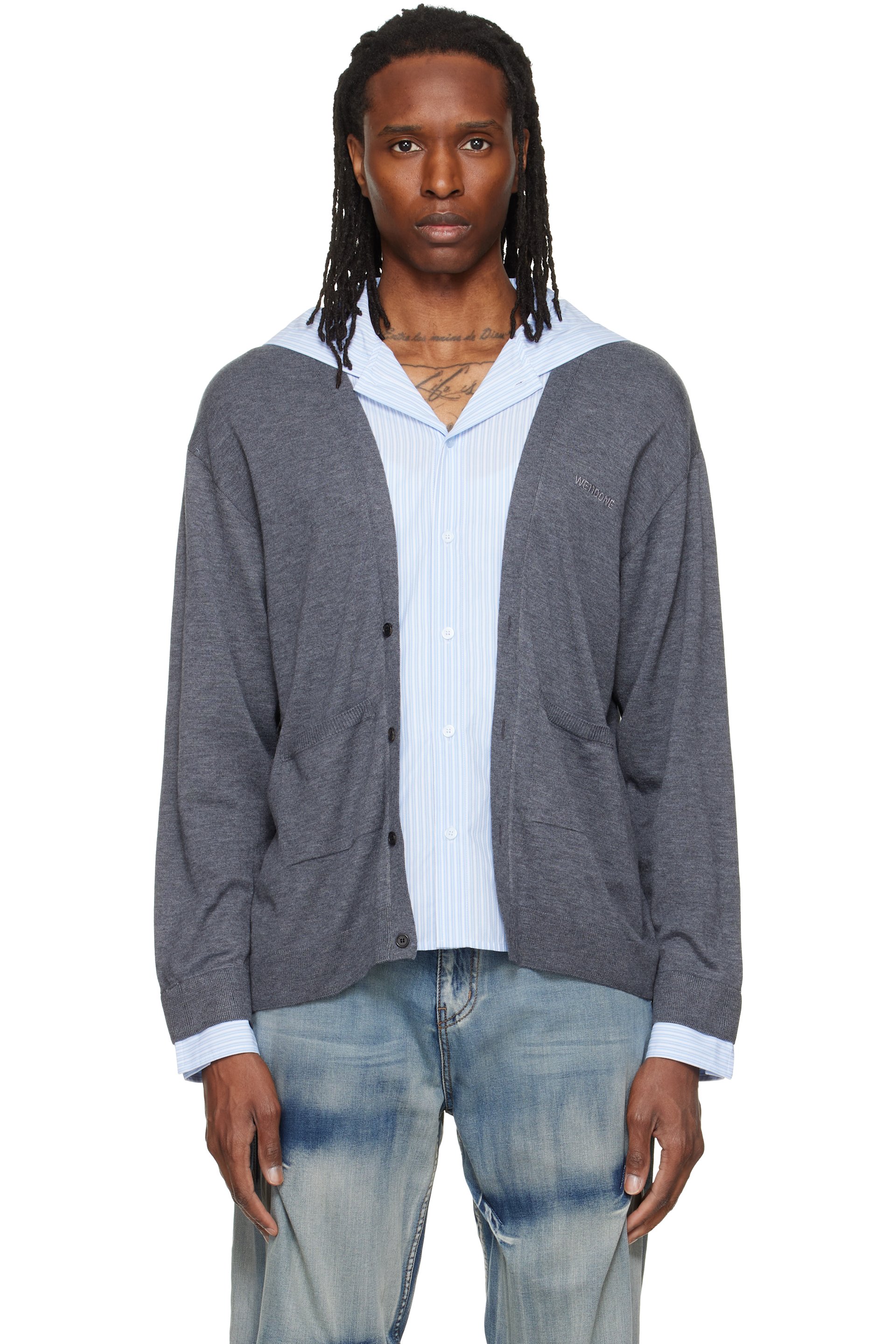 We11done - Gray Hooded Shirt-Layered Cardigan