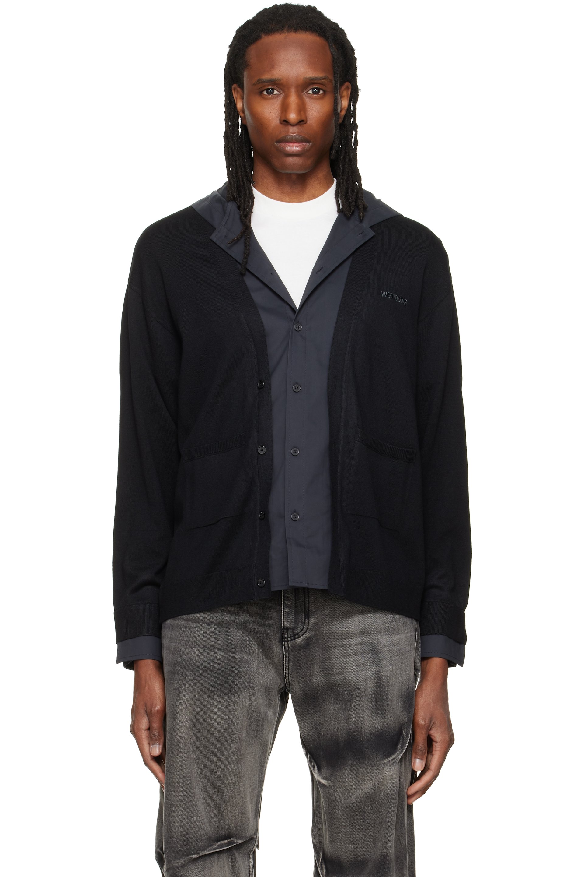 We11done - Black Hooded Shirt-Layered Cardigan