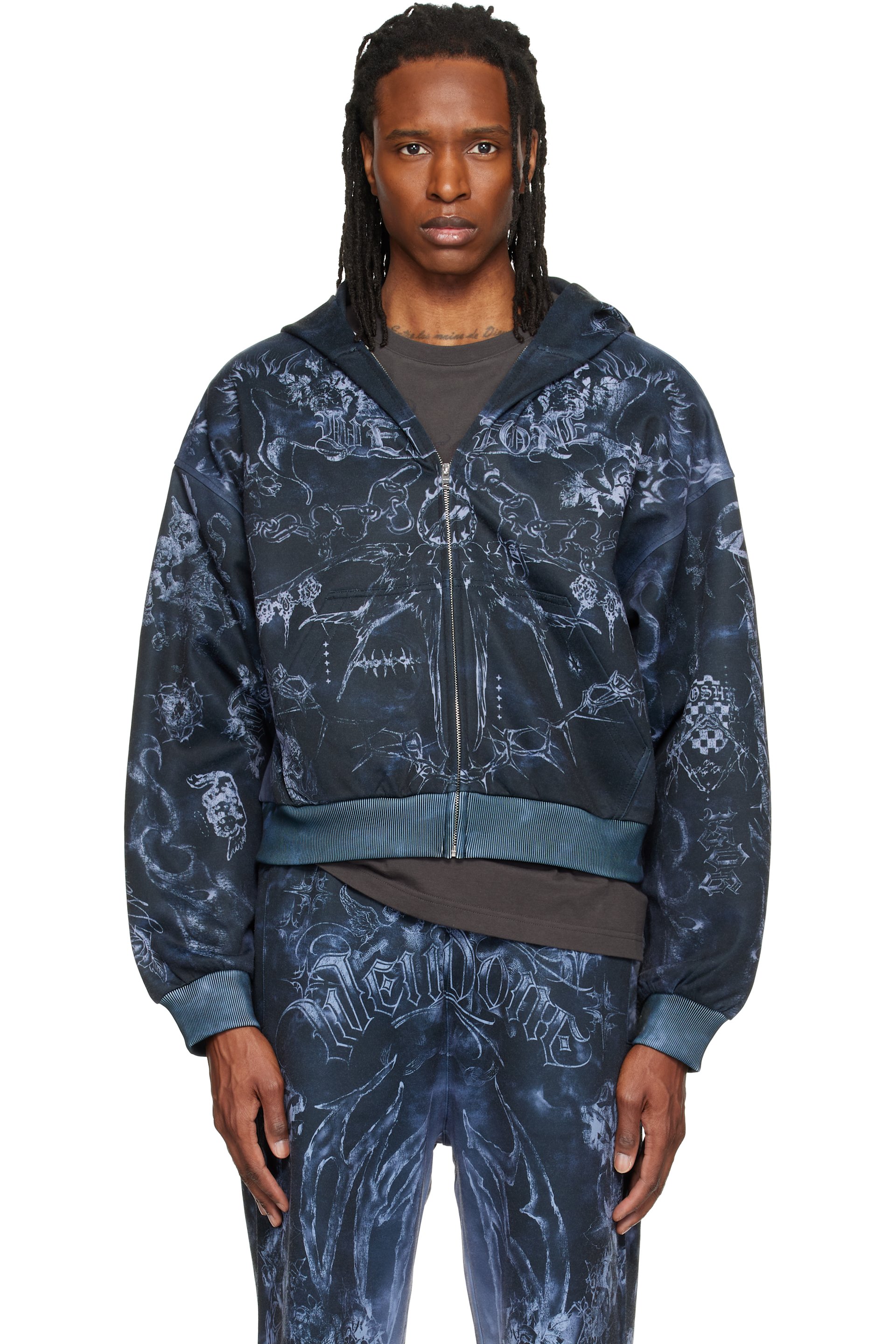 We11done - Gray Tattoo Printed Zip-Up Hoodie