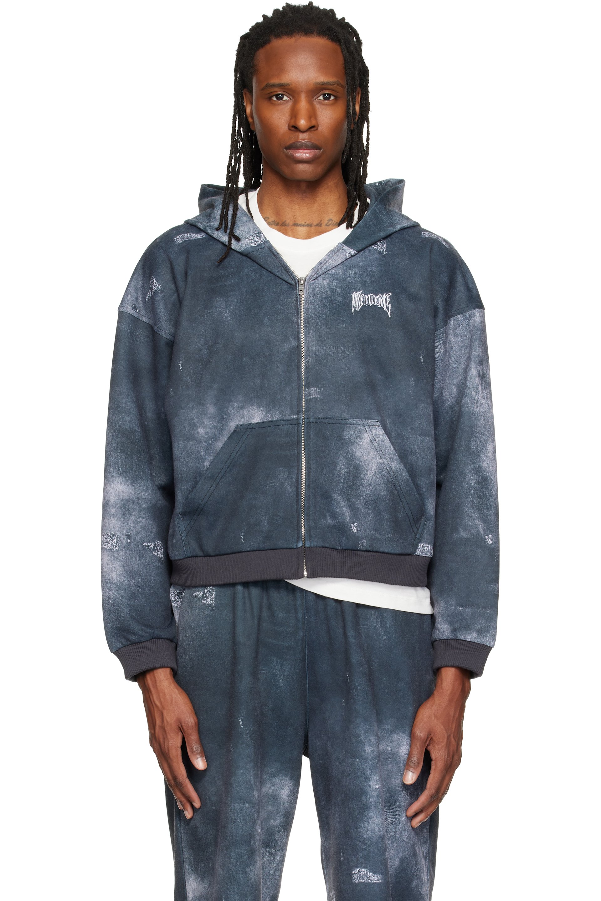 We11done - Gray Trompe L'oeil Denim Printed Zip-Up Hoodie