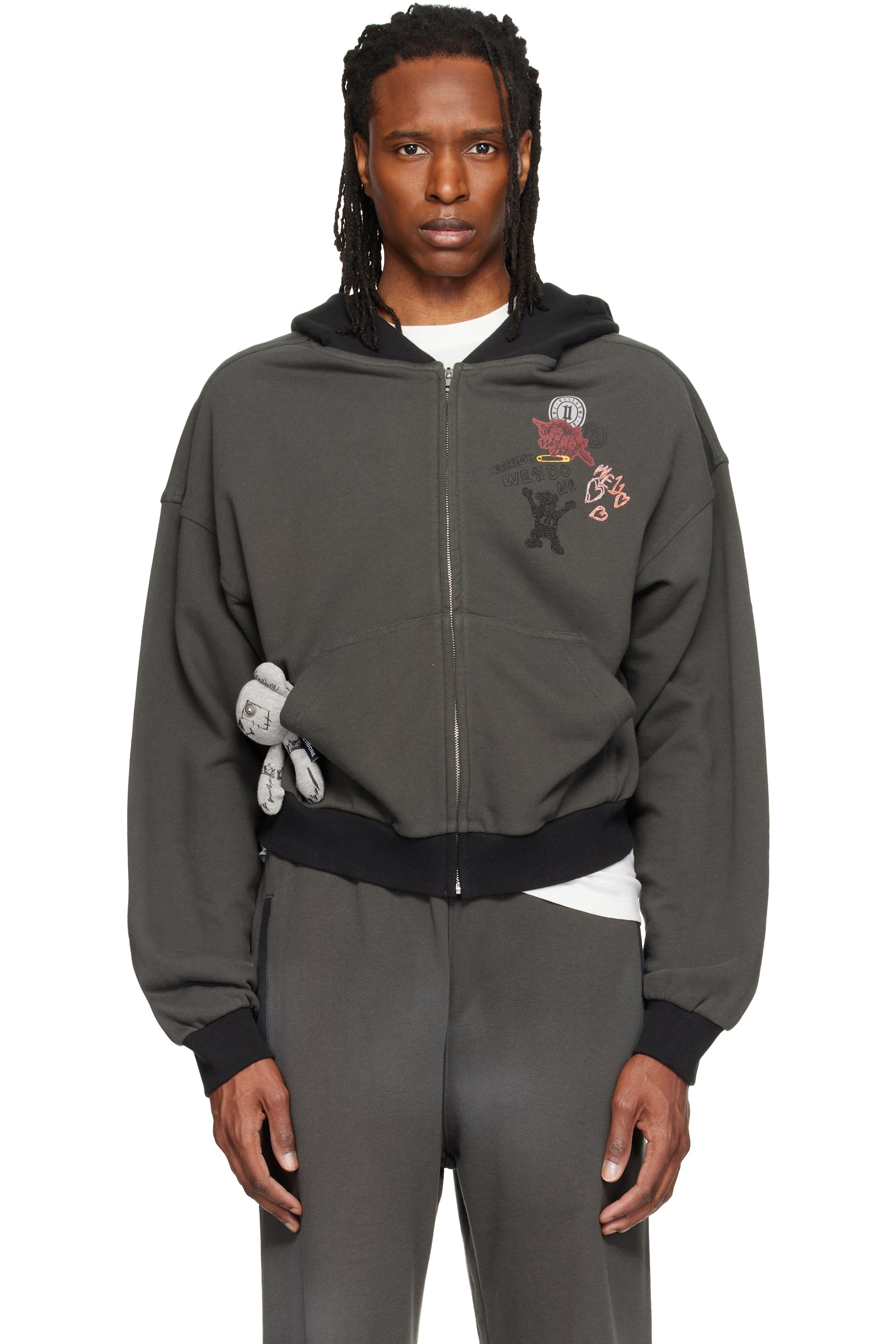 We11done - Gray Washed Doodle Teddy Zip-Up Hoodie